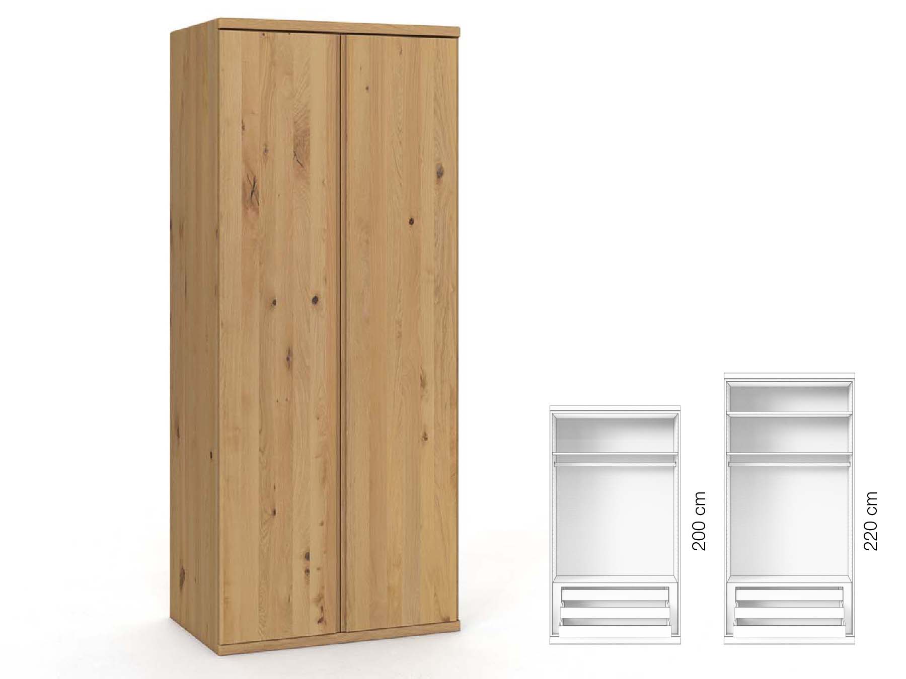 Wildeichenschrank Hell „Valentin“, 2-türig, Höhe 220 cm, Griffausführung „Patrizia“, Inneneinrichtung: D