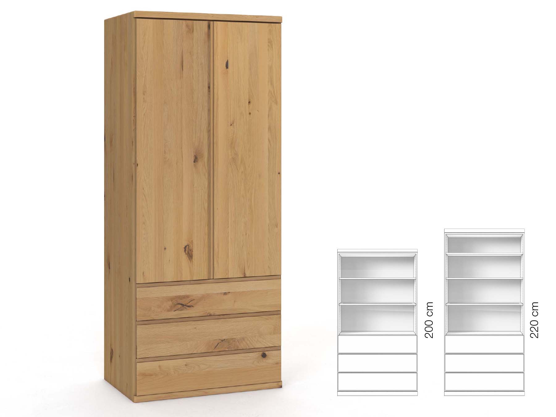 Wildeichenschrank Hell „Valentin“, 2-türig, Höhe 220 cm, Griffausführung „Patrizia“, Inneneinrichtung: E