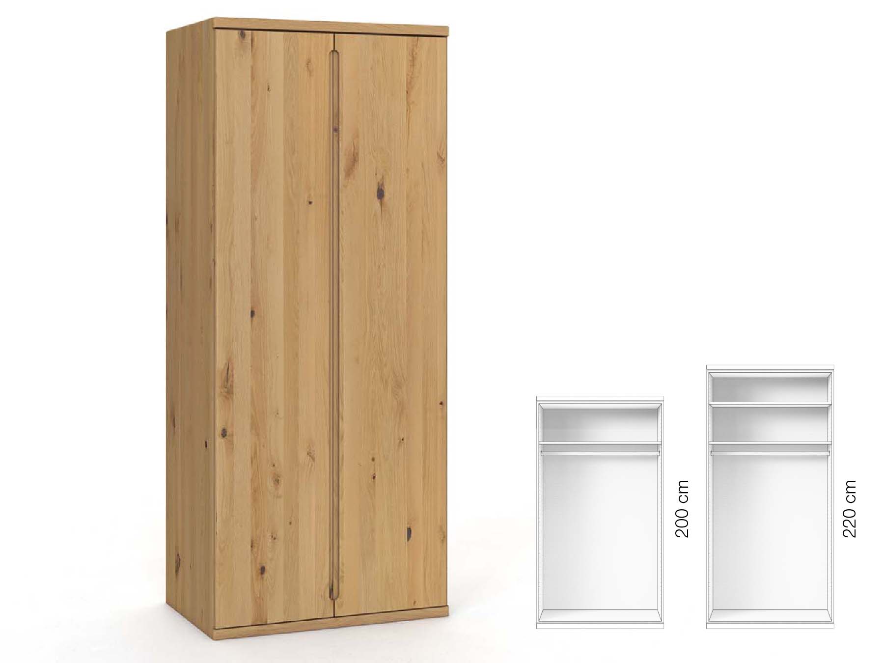 Wildeichenschrank Hell „Valentin“, 2-türig, Höhe 220 cm, Griffausführung „Lukas“, Inneneinrichtung: A