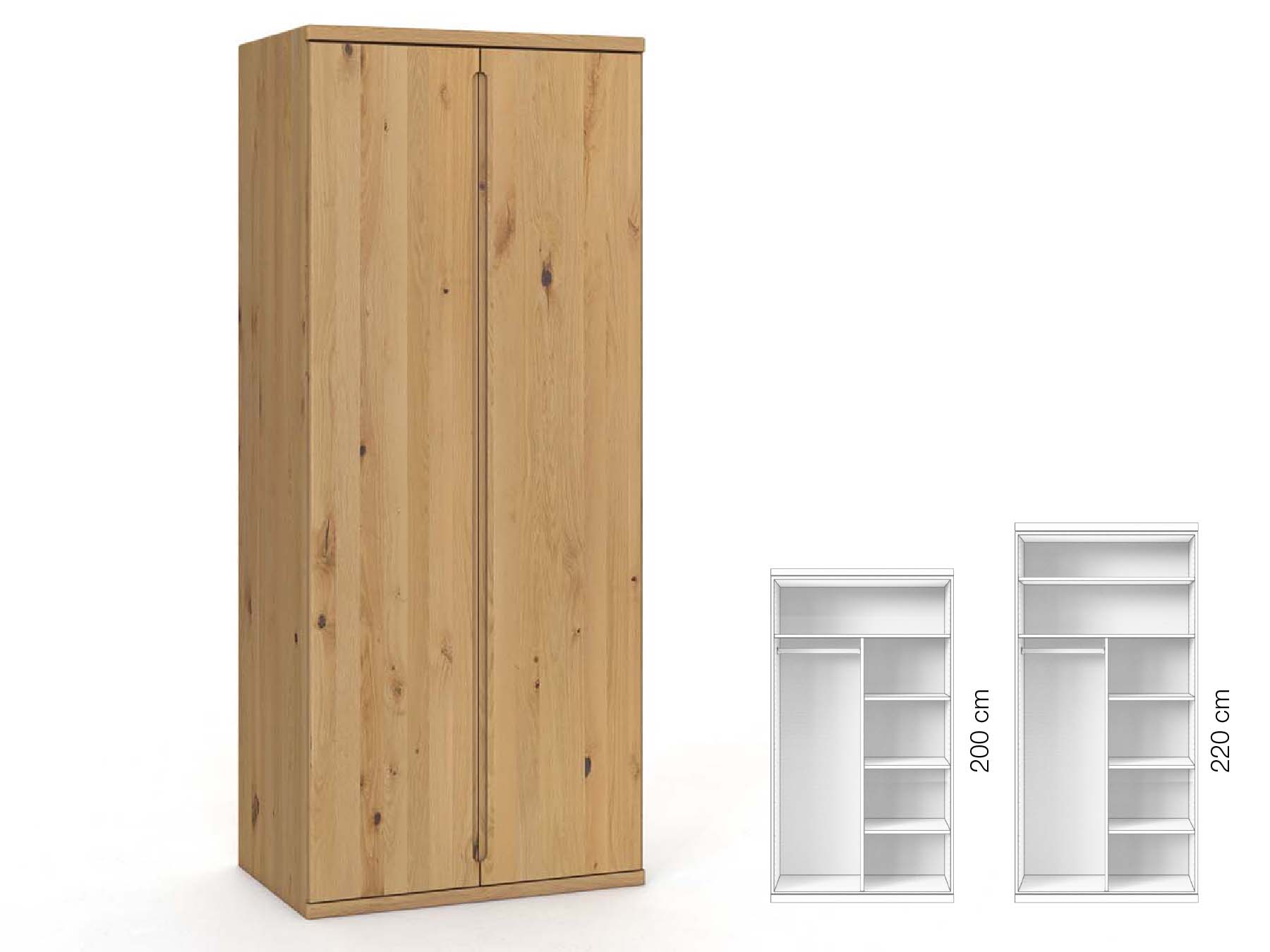 Wildeichenschrank Hell „Valentin“, 2-türig, Höhe 220 cm, Griffausführung „Lukas“, Inneneinrichtung: B