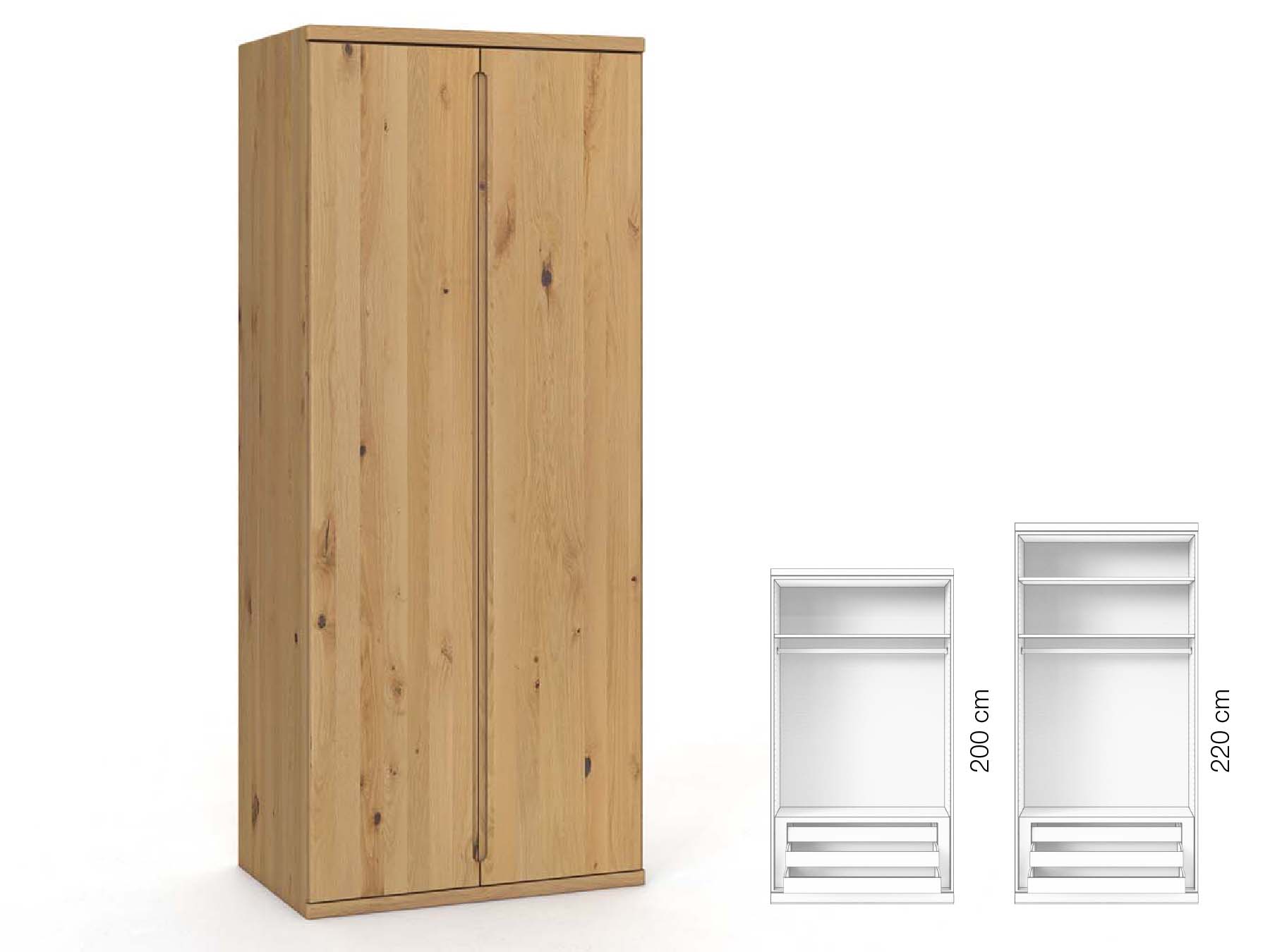 Wildeichenschrank Hell „Valentin“, 2-türig, Höhe 220 cm, Griffausführung „Lukas“, Inneneinrichtung: D