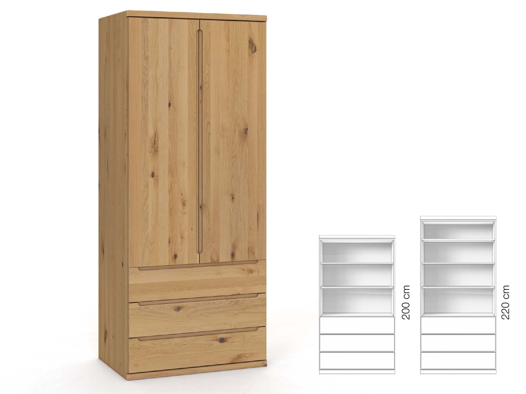 Wildeichenschrank Hell „Valentin“, 2-türig, Höhe 220 cm, Griffausführung „Lukas“, Inneneinrichtung: E
