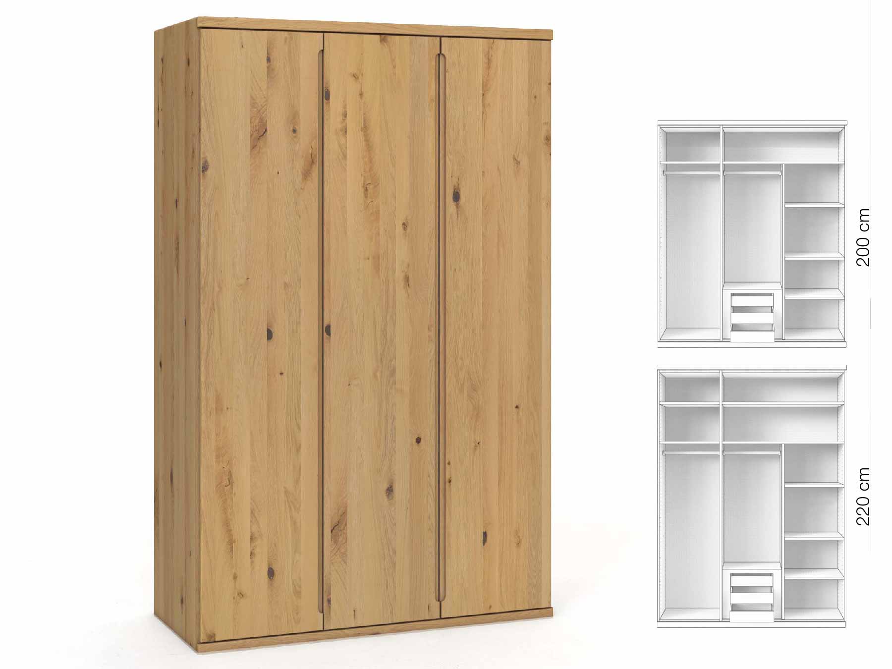 Wildeichenschrank Hell „Valentin“, 3-türig, Höhe 220 cm, Griffausführung „Lukas“, Inneneinrichtung: D