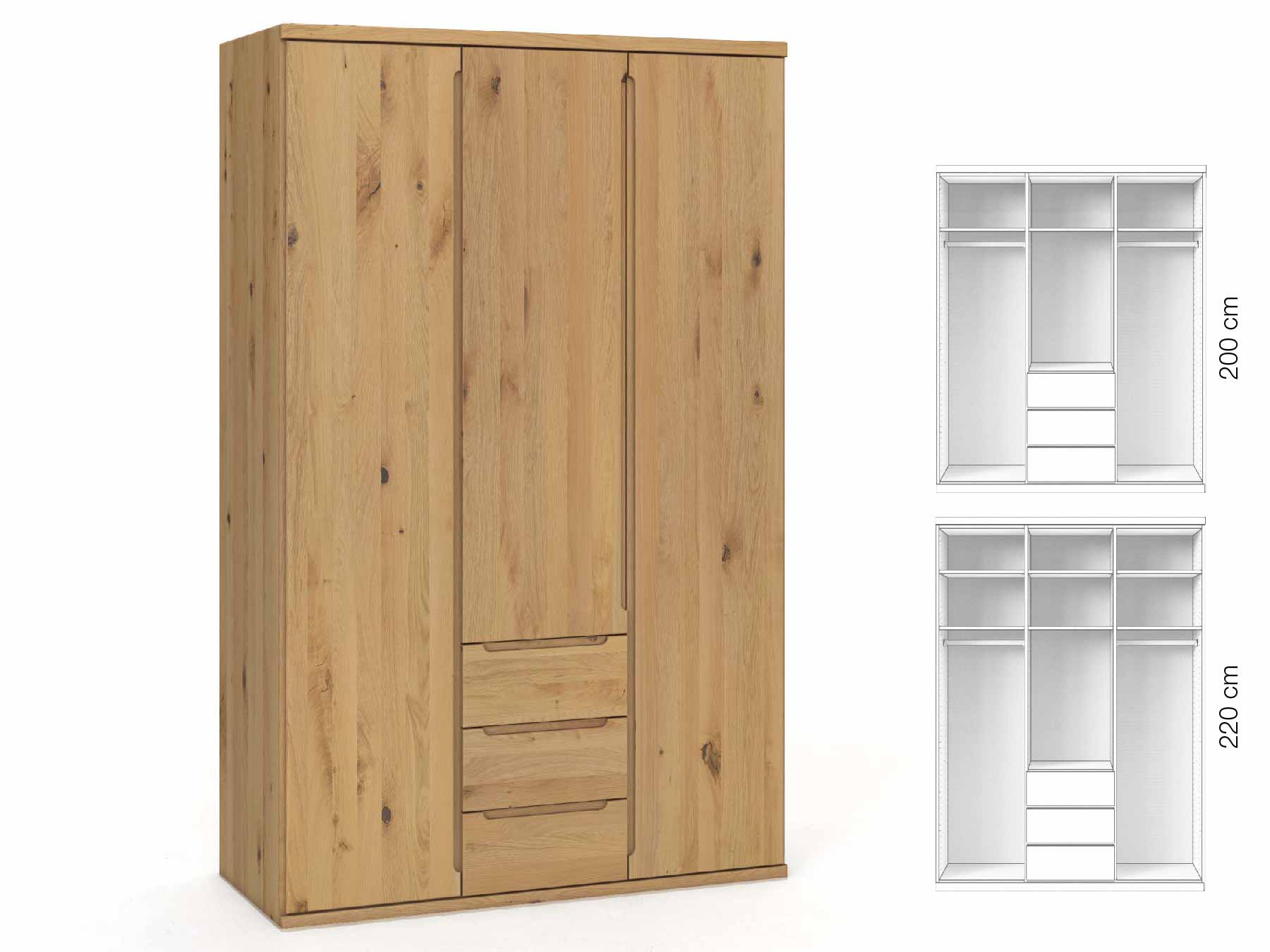 Wildeichenschrank Hell „Valentin“, 3-türig, Höhe 220 cm, Griffausführung „Lukas“, Inneneinrichtung: E