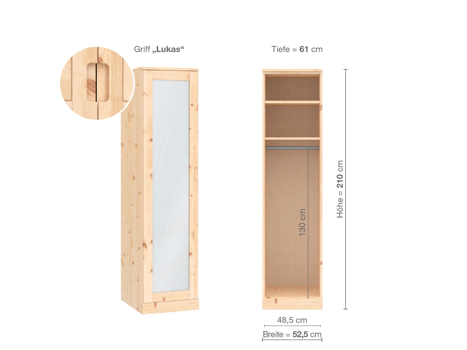 Zirbenschrank „Alpenrose“, 1-türig, Höhe 210 cm, Griff „Lukas“, Inneneinrichtung A, Türanschlag links