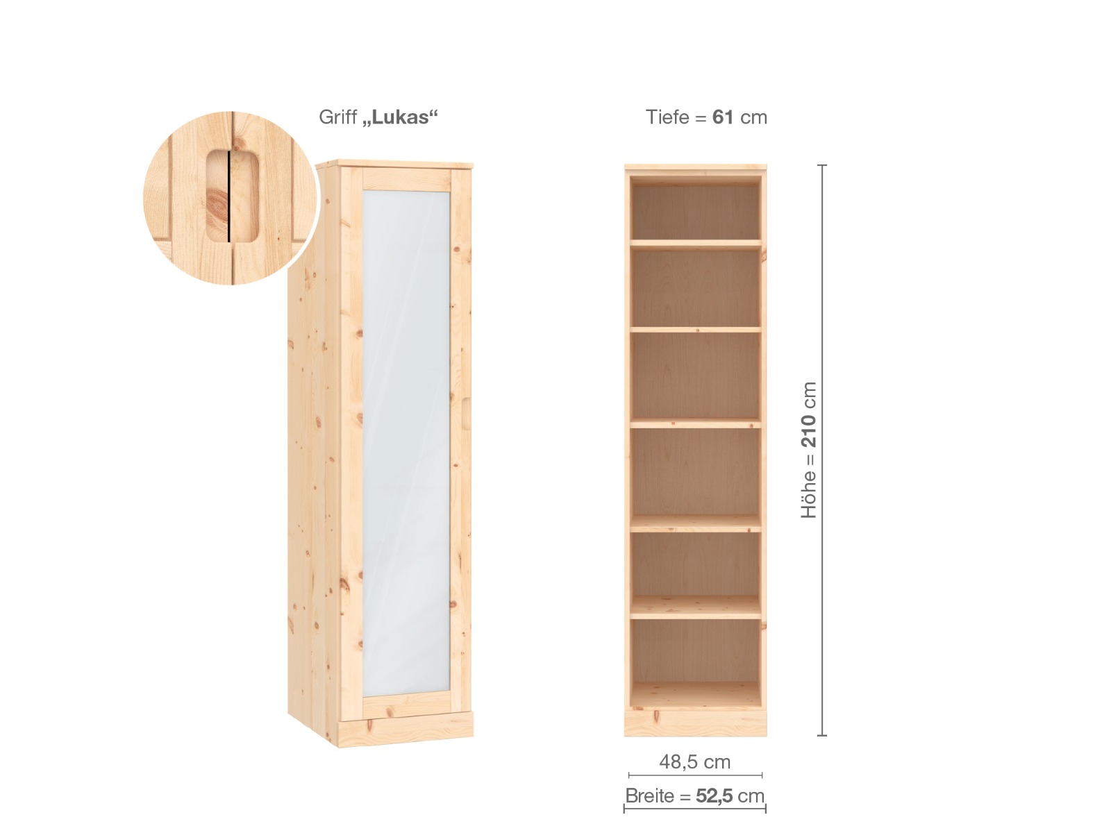 Zirbenschrank „Alpenrose“, 1-türig, Höhe 210 cm, Griff „Lukas“ , Inneneinrichtung B, Türanschlag links