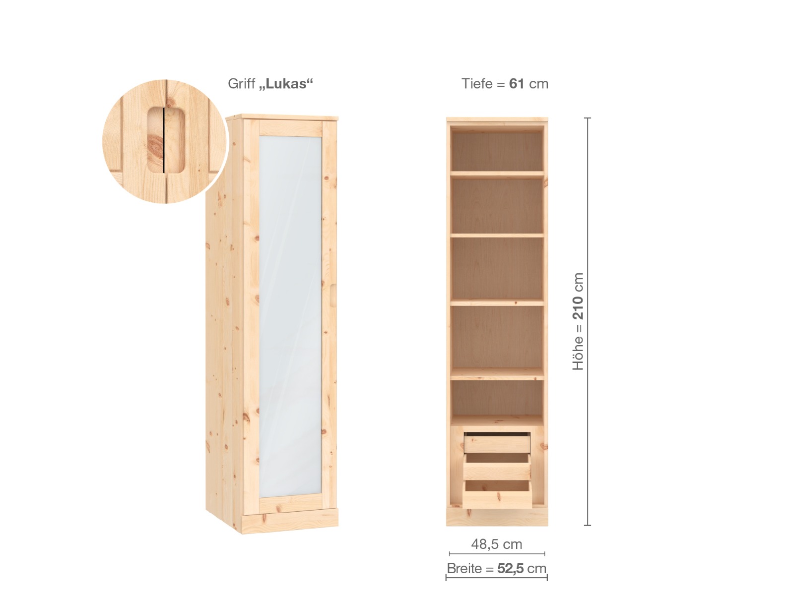 Zirbenschrank „Alpenrose“, 1-türig, Höhe 210 cm, Griffausführung „Lukas“, Inneneinrichtung C, Türanschlag links