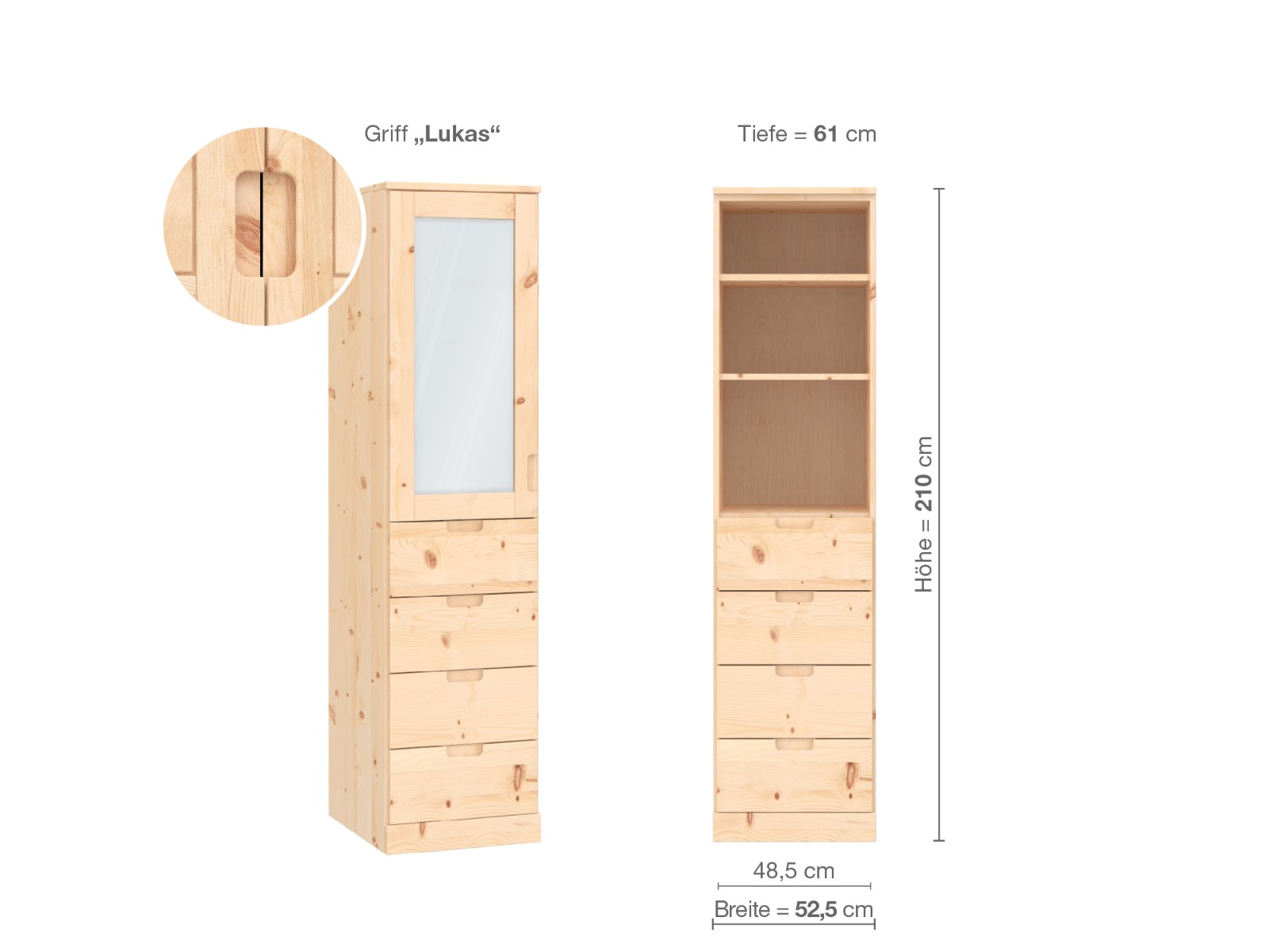 Zirbenschrank „Alpenrose“, 1-türig, Höhe 210 cm, Griffausführung „Lukas“, Inneneinrichtung D, Türanschlag links