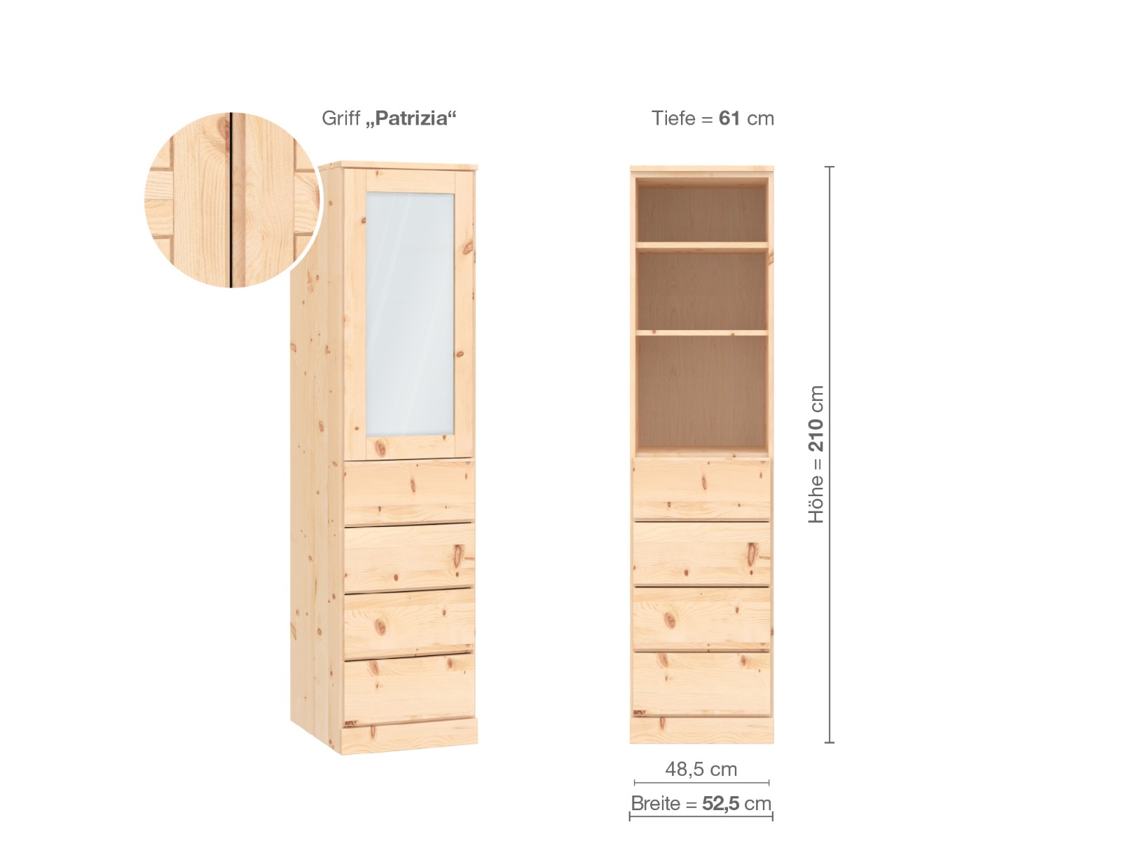 Zirbenschrank „Alpenrose“, 1-türig, Höhe 210 cm, Griffausführung „Patrizia“, Inneneinrichtung D, Türanschlag links