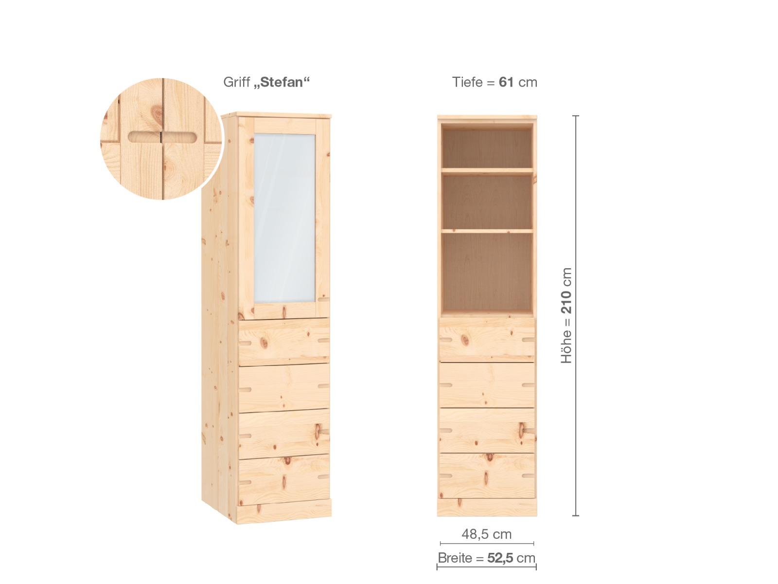 Zirbenschrank „Alpenrose“, 1-türig, Höhe 210 cm, Griffausführung „Stefan“, Inneneinrichtung D, Türanschlag links