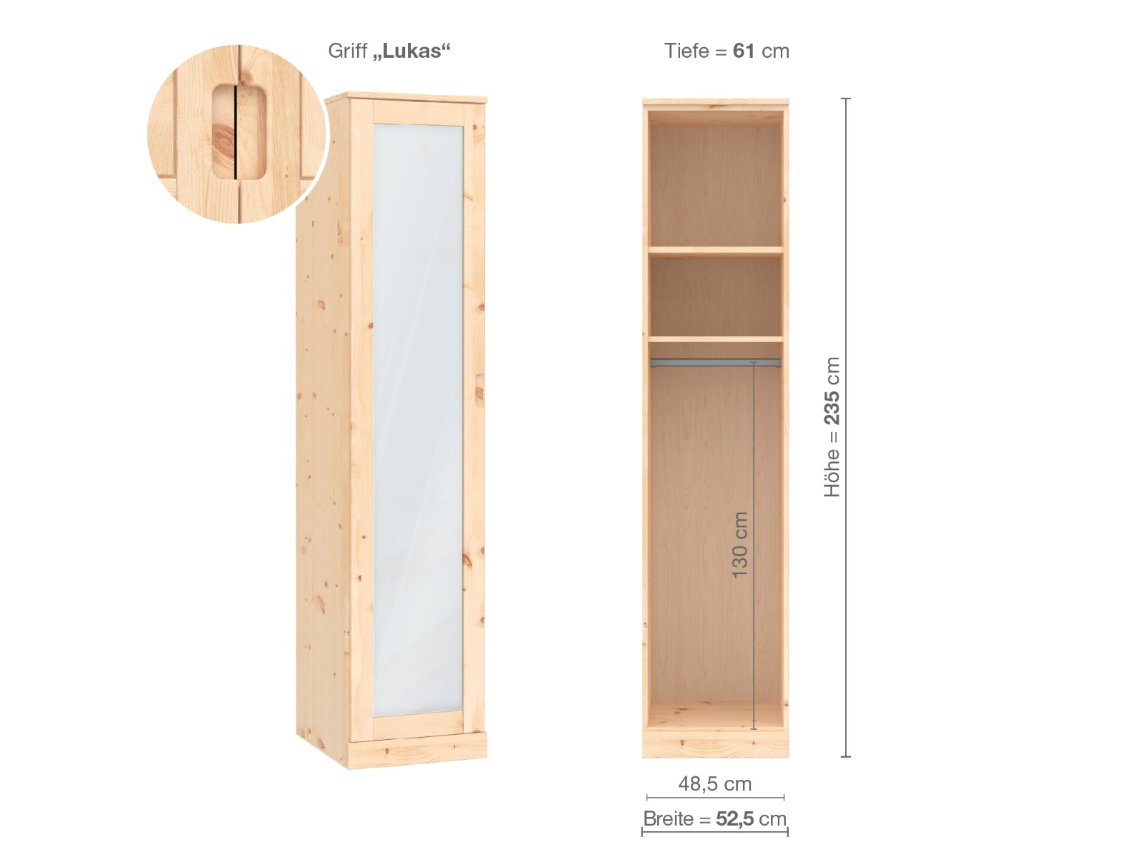 Zirbenschrank „Alpenrose“, 1-türig, Höhe 235 cm, Griffausführung „Lukas“, Inneneinrichtung A, Türanschlag links