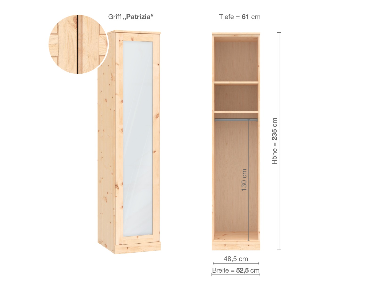 Zirbenschrank „Alpenrose“, 1-türig, Höhe 235 cm, Griffausführung „Patrizia“, Inneneinrichtung A, Türanschlag links