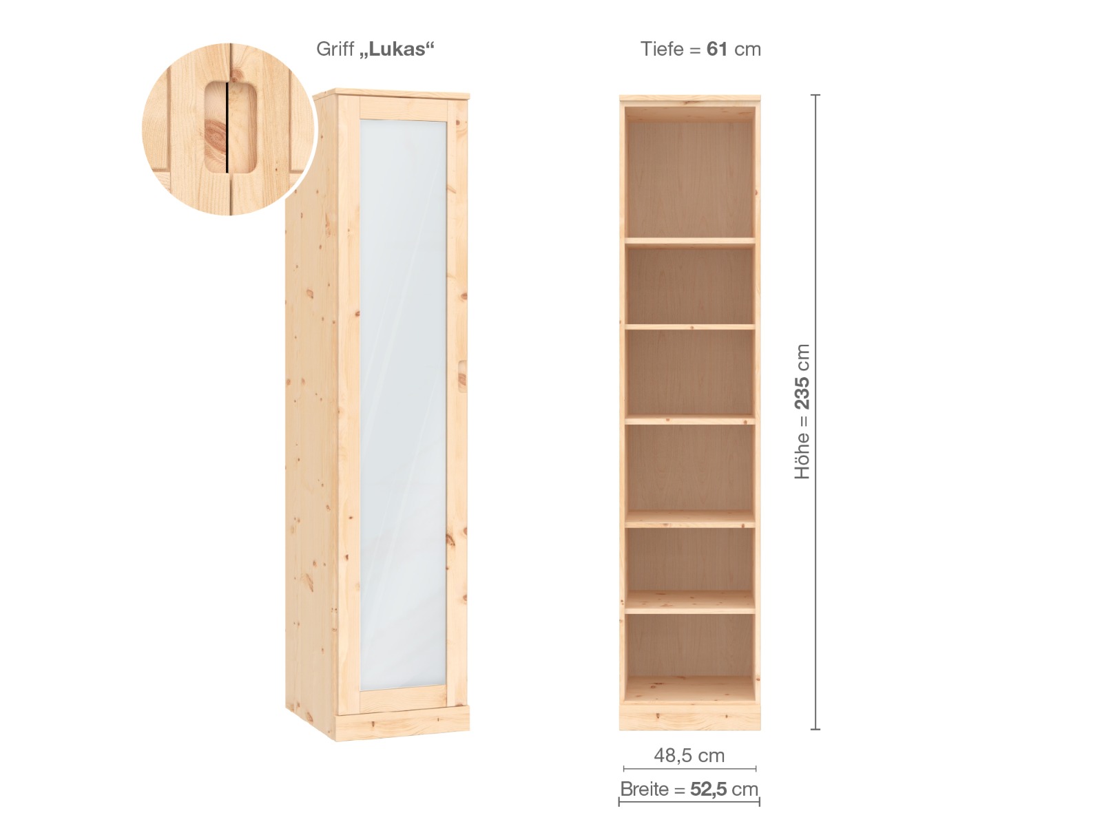 Zirbenschrank „Alpenrose“, 1-türig, Höhe 235 cm, Griffausführung „Lukas“, Inneneinrichtung B, Türanschlag links