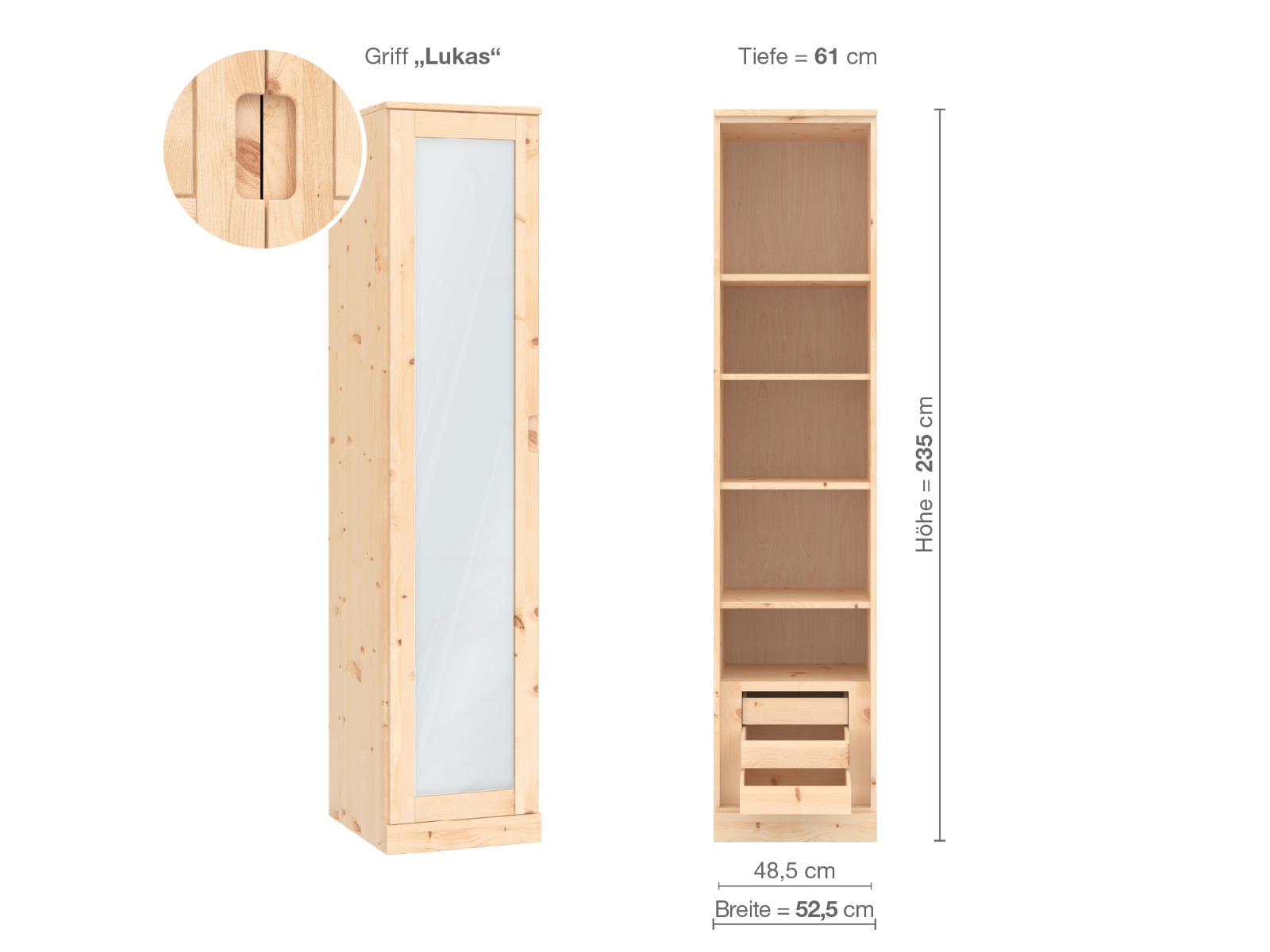 Zirbenschrank „Alpenrose“, 1-türig, Höhe 235 cm, Griffausführung „Lukas“, Inneneinrichtung C, Türanschlag links