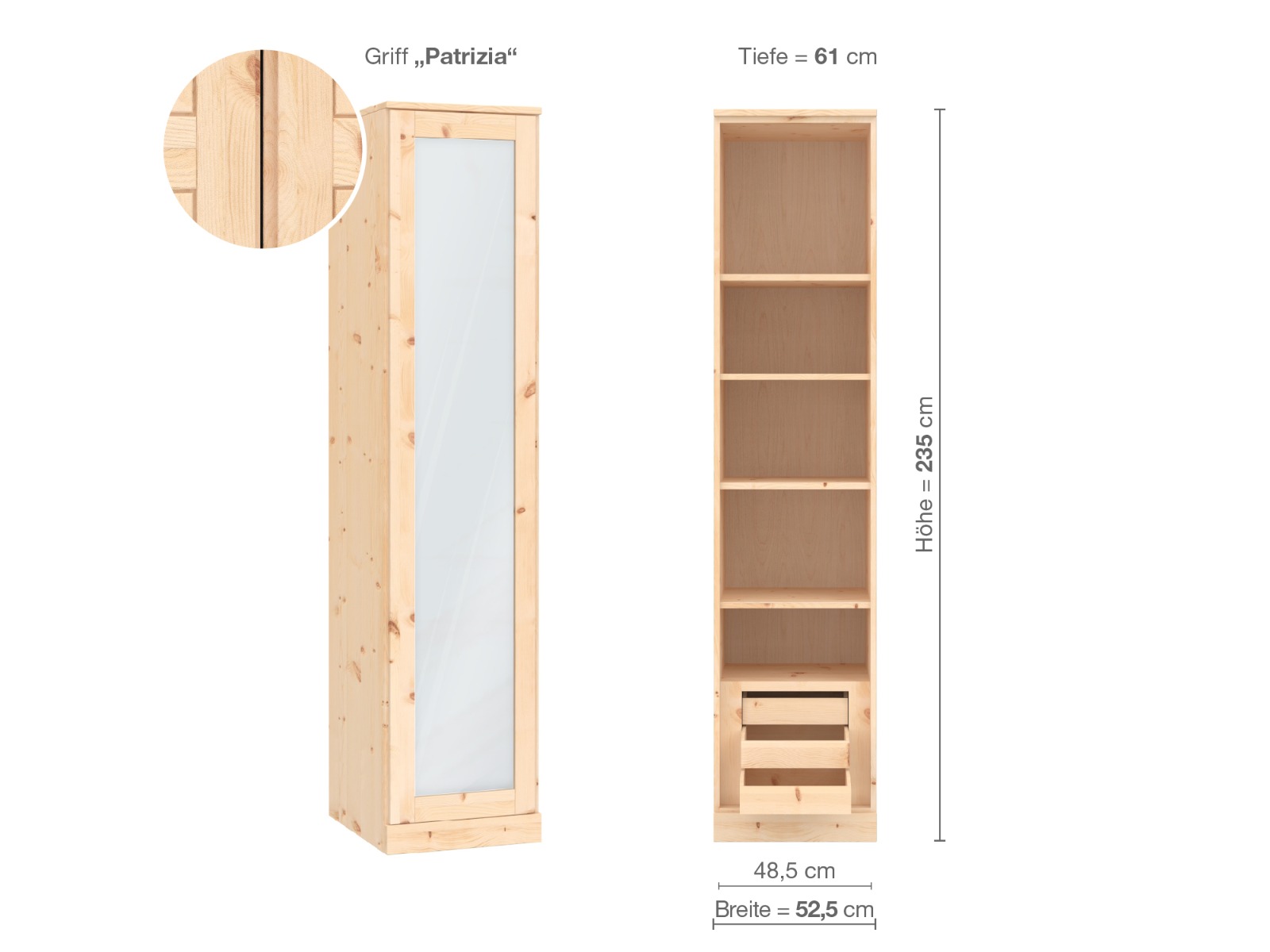 Zirbenschrank „Alpenrose“, 1-türig, Höhe 235 cm, Griffausführung „Patrizia“, Inneneinrichtung C, Türanschlag links