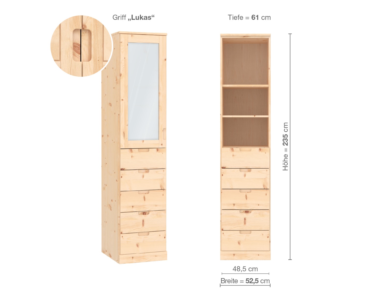 Zirbenschrank „Alpenrose“, 1-türig, Höhe 235 cm, Griffausführung „Lukas“, Inneneinrichtung D, Türanschlag links