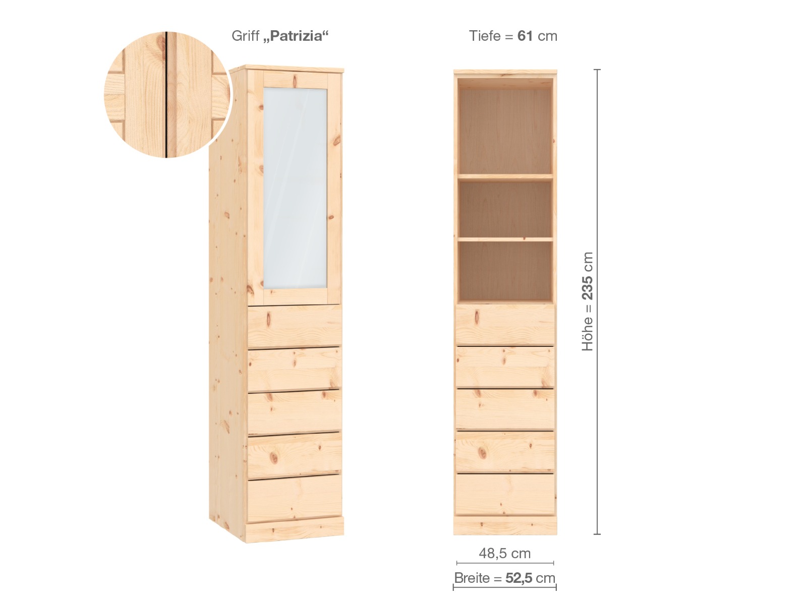 Zirbenschrank „Alpenrose“, 1-türig, Höhe 235 cm, Griffausführung „Patrizia“, Inneneinrichtung D, Türanschlag links