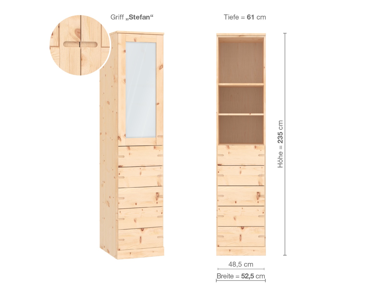 Zirbenschrank „Alpenrose“, 1-türig, Höhe 235 cm, Griffausführung „Stefan“, Inneneinrichtung D, Türanschlag links