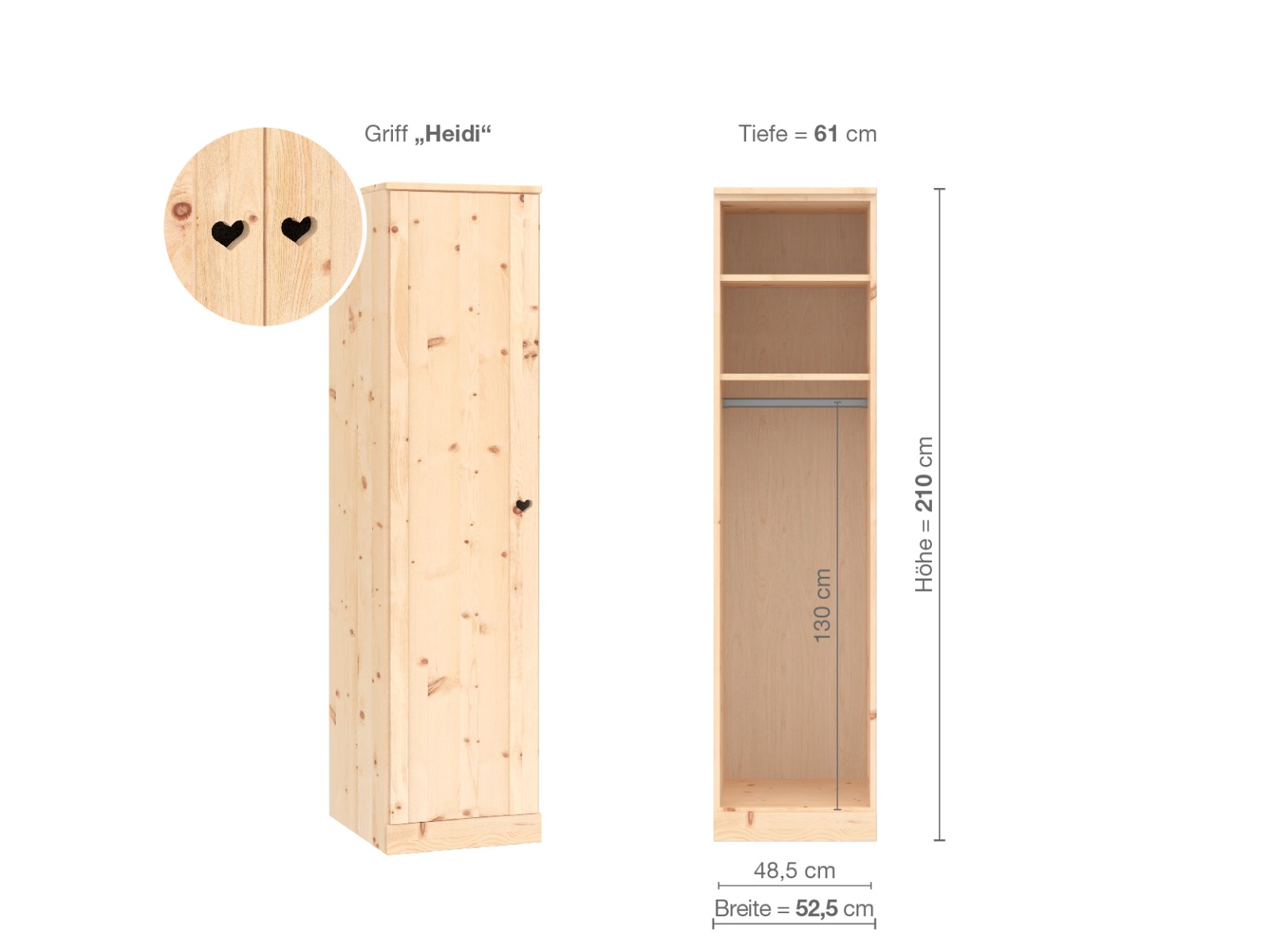 Zirbenschrank „Arnika“, 1-türig, Höhe 210 cm, Griffausführung „Heidi“, Inneneinrichtung A, Türanschlag links