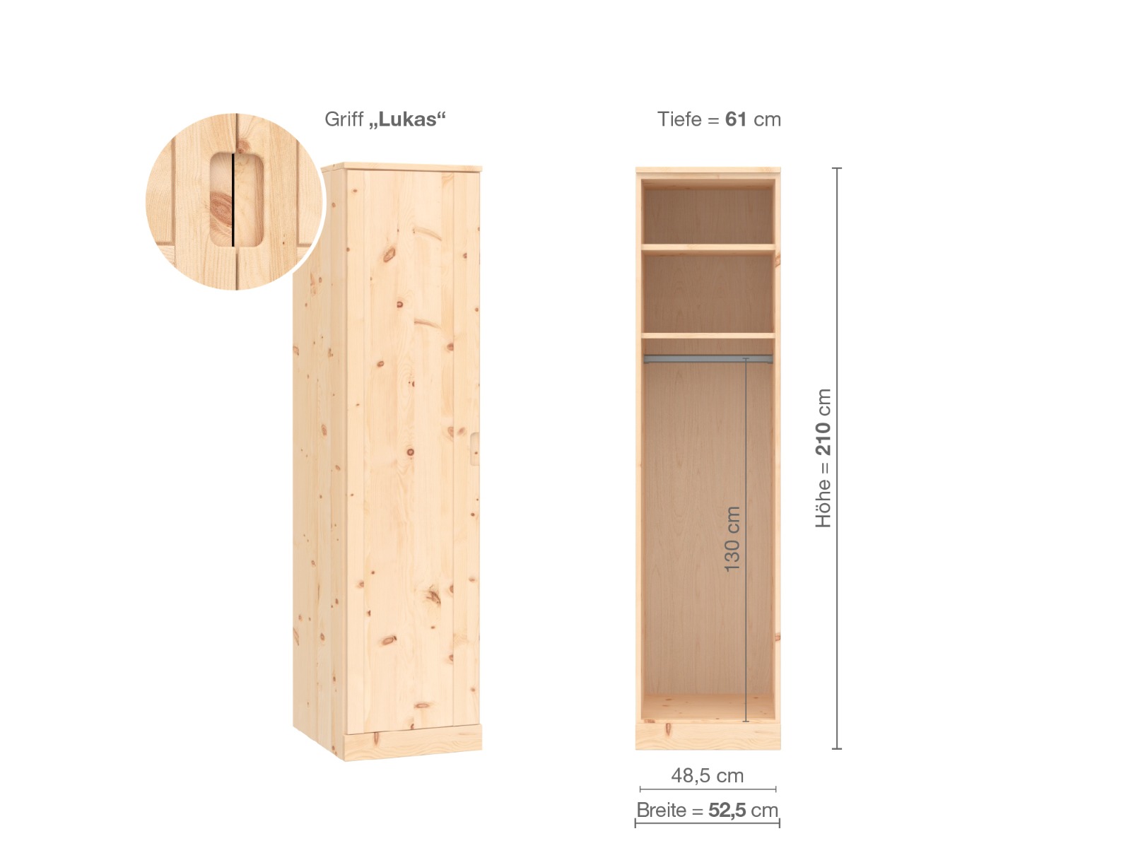 Zirbenschrank „Arnika“, 1-türig, Höhe 210 cm, Griffausführung „Lukas“, Inneneinrichtung A, Türanschlag links