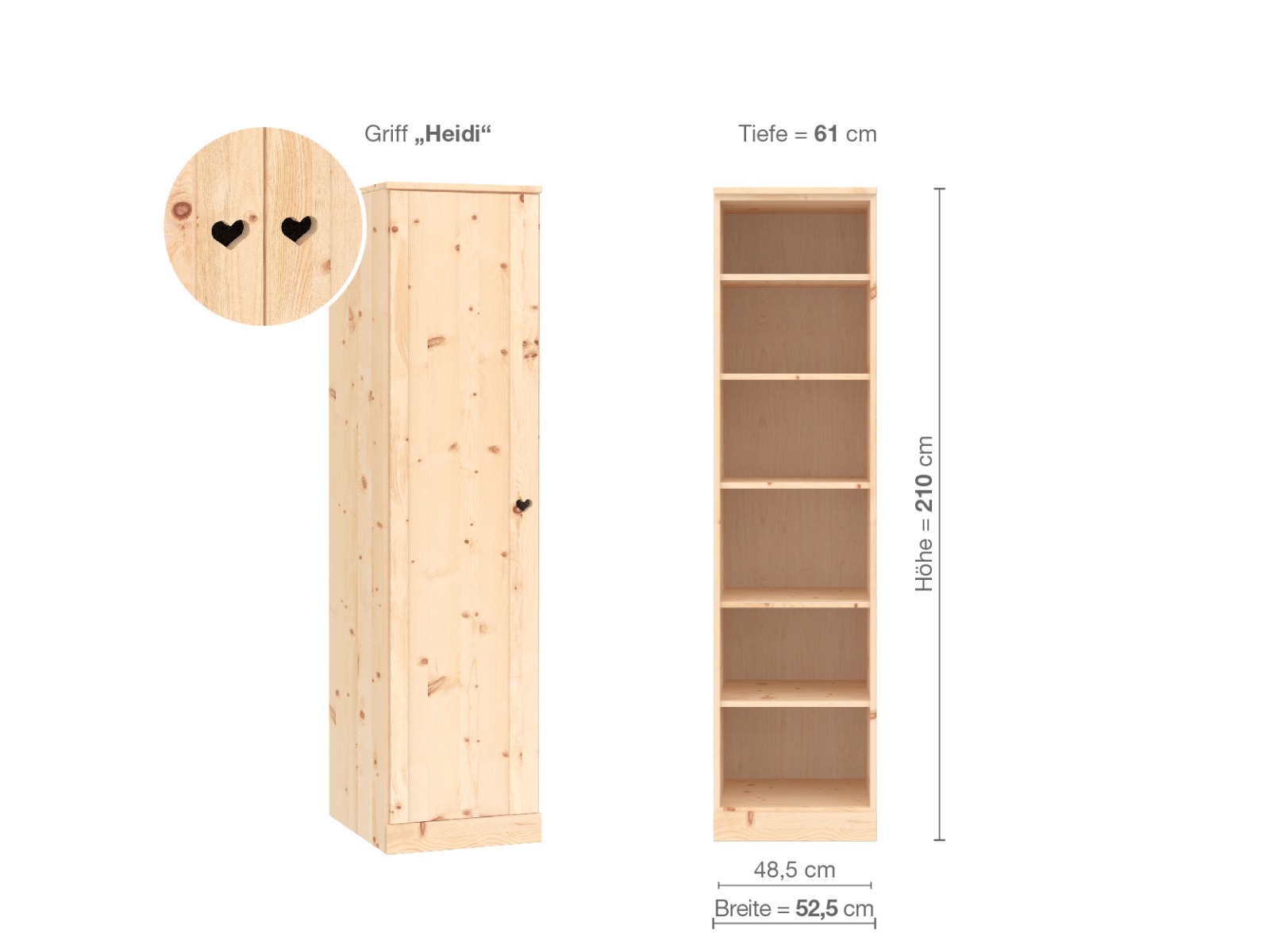 Zirbenschrank „Arnika“, 1-türig, Höhe 210 cm, Griffausführung „Heidi“, Inneneinrichtung B, Türanschlag links