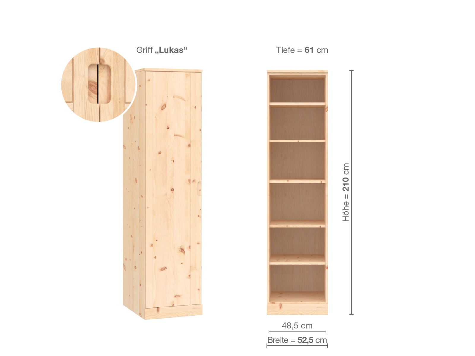 Zirbenschrank „Arnika“, 1-türig, Höhe 210 cm, Griffausführung „Lukas“, Inneneinrichtung B, Türanschlag links