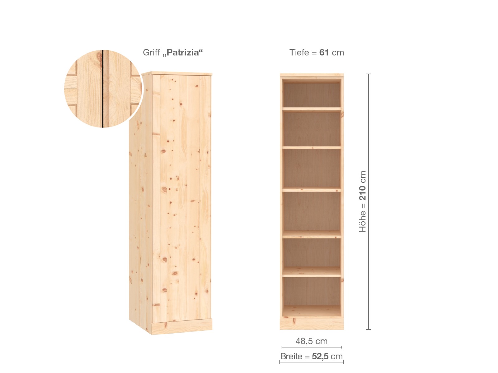 Zirbenschrank „Arnika“, 1-türig, Höhe 210 cm, Griffausführung „Patrizia“, Inneneinrichtung B, Türanschlag links