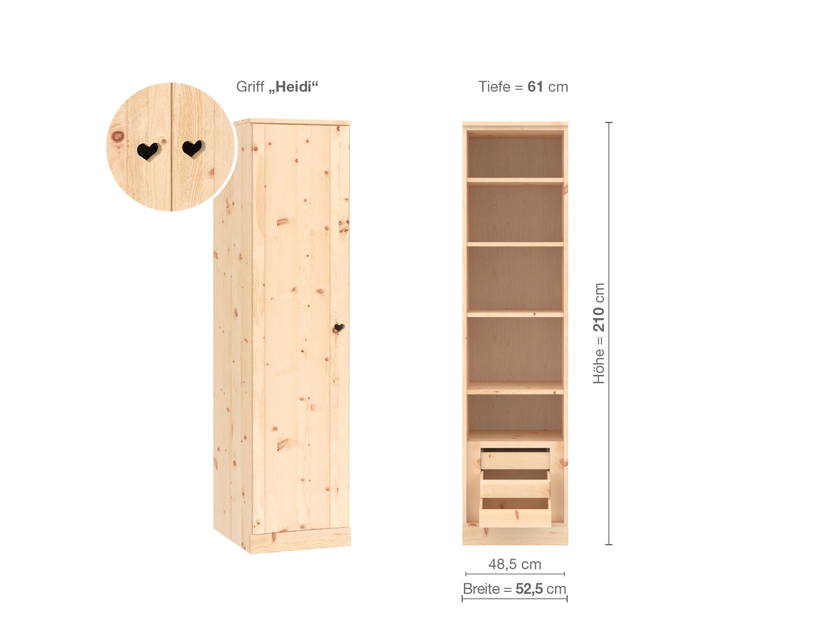 Zirbenschrank „Arnika“, 1-türig, Höhe 210 cm, Griffausführung „Heidi“, Inneneinrichtung C, Türanschlag links