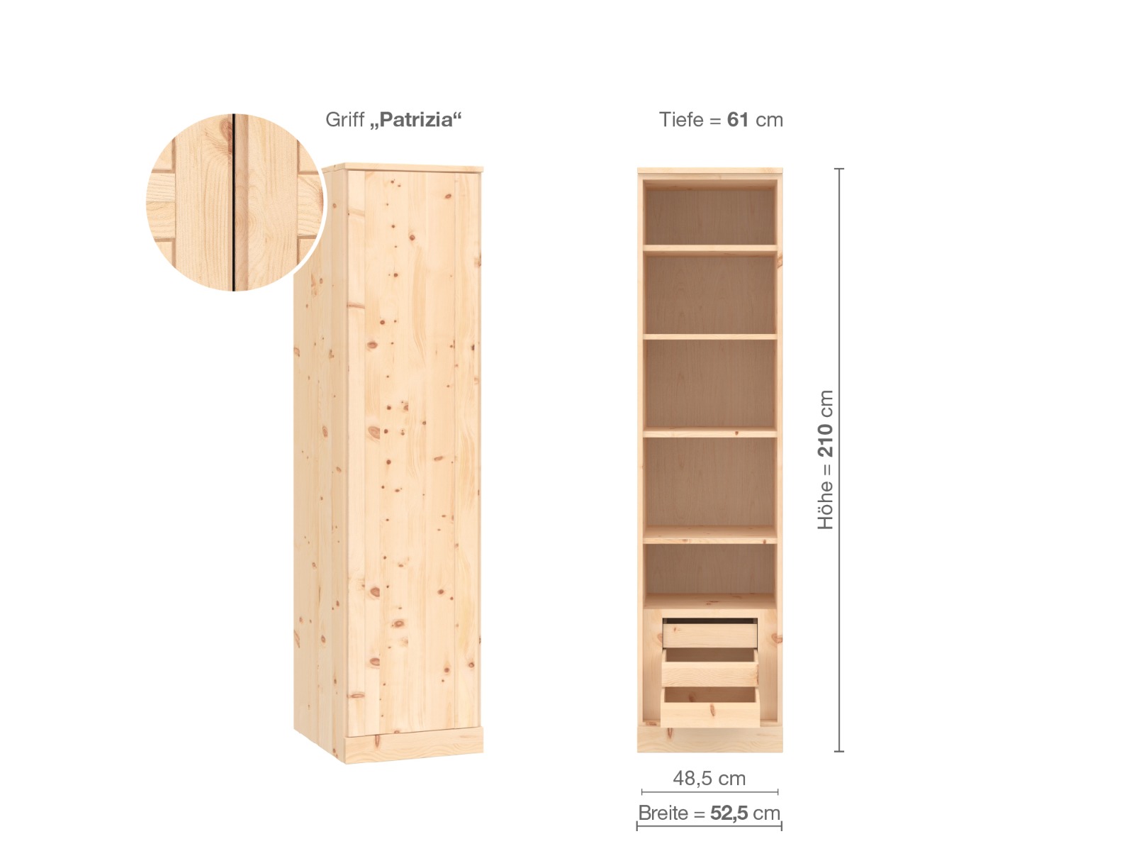 Zirbenschrank „Arnika“, 1-türig, Höhe 210 cm, Griffausführung „Patrizia“, Inneneinrichtung C, Türanschlag links