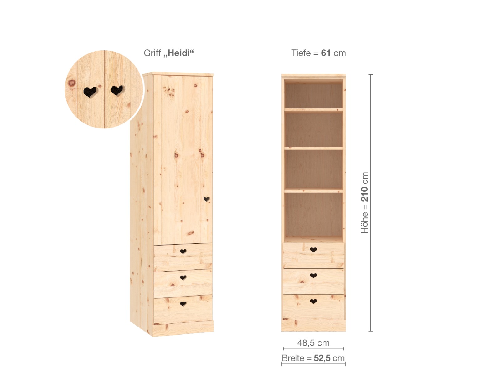 Zirbenschrank „Arnika“, 1-türig, Höhe 210 cm, Griffausführung „Heidi“, Inneneinrichtung D, Türanschlag links