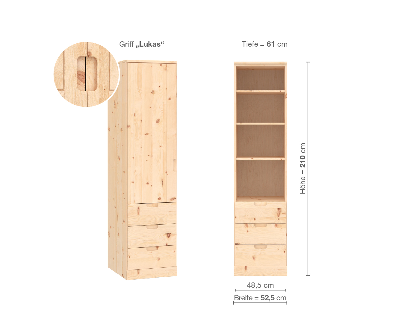 Zirbenschrank „Arnika“, 1-türig, Höhe 210 cm, Griffausführung „Lukas“, Inneneinrichtung D, Türanschlag links