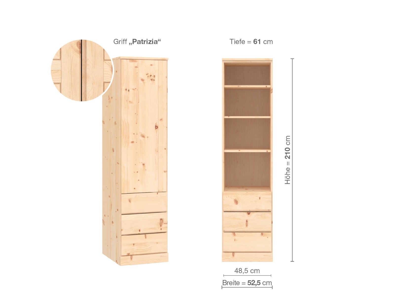 (Abb. in Zirbe) „Arnika“, 1-türig, Höhe 210 cm, Griffausführung „Patrizia“, Inneneinrichtung D, Türanschlag links