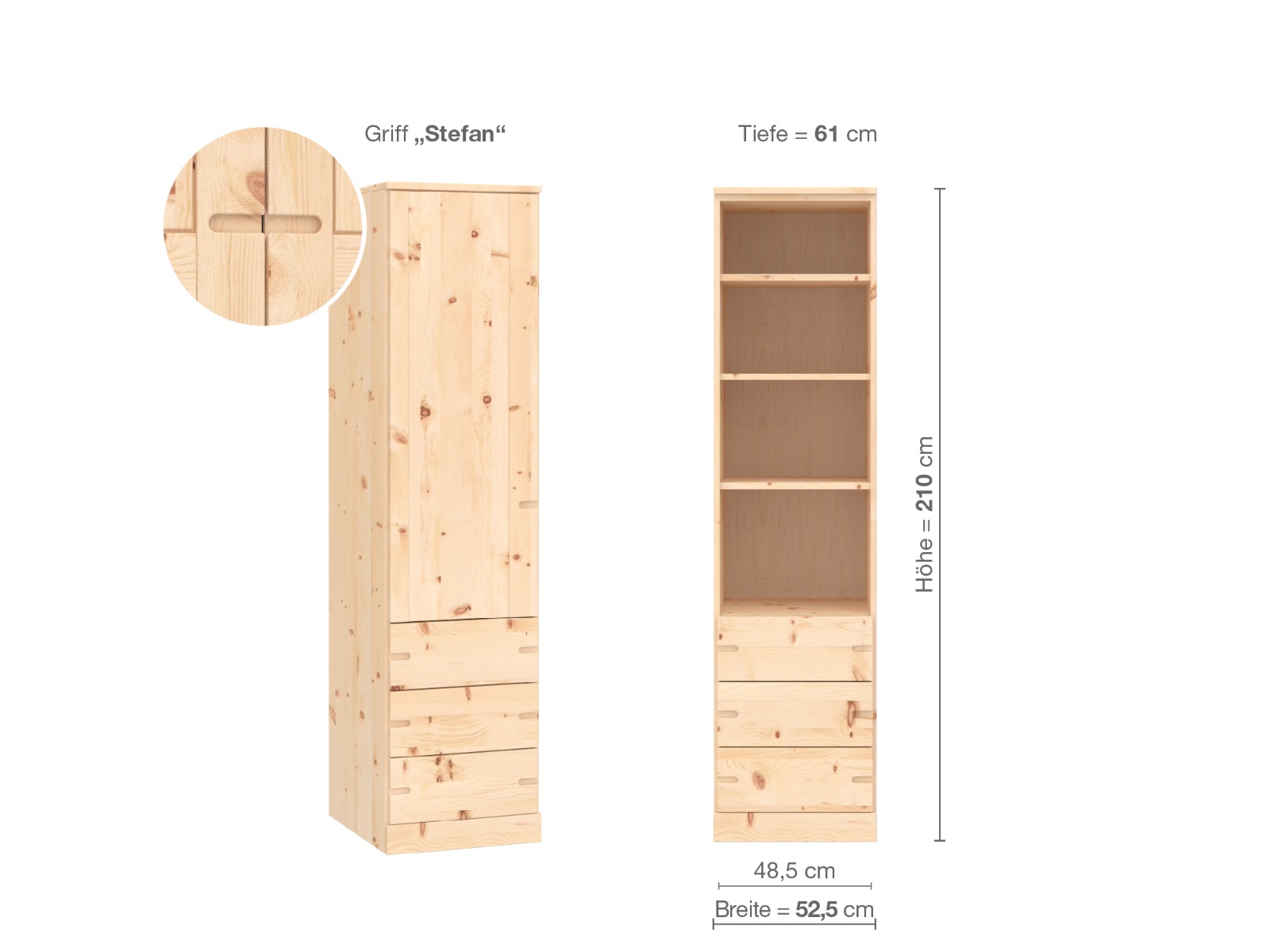 Zirbenschrank „Arnika“, 1-türig, Höhe 210 cm, Griffausführung „Stefan“, Inneneinrichtung D, Türanschlag links