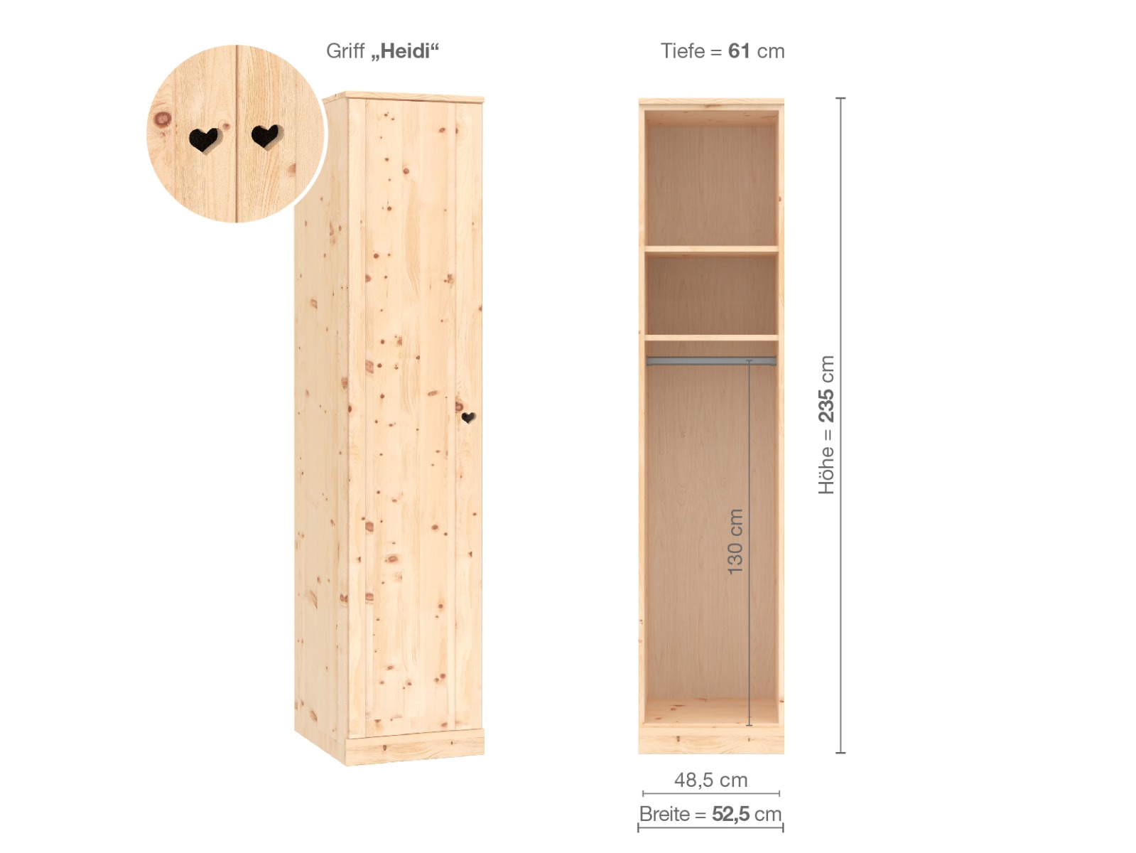 Zirbenschrank „Arnika“, 1-türig, Höhe 235 cm, Griffausführung „Heidi“, Inneneinrichtung A, Türanschlag links