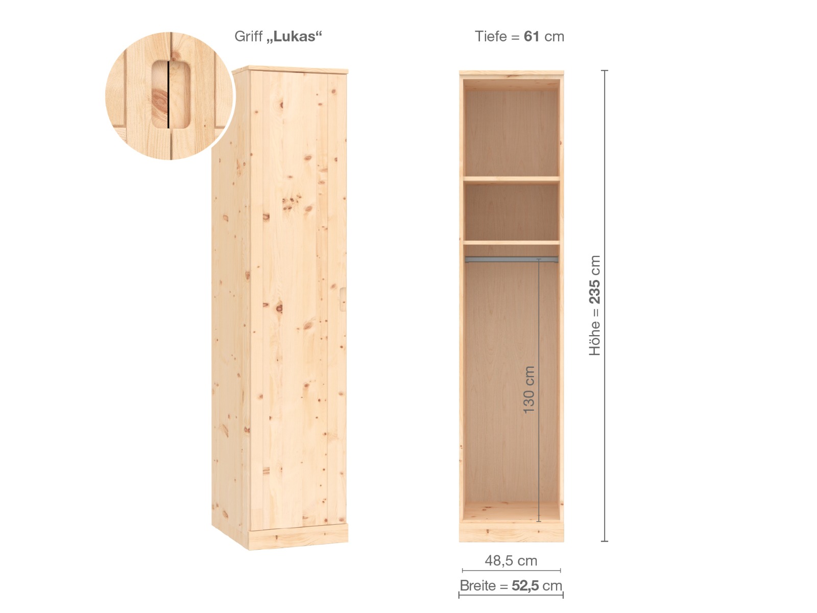 Zirbenschrank „Arnika“, 1-türig, Höhe 235 cm, Griffausführung „Lukas“, Inneneinrichtung A, Türanschlag links