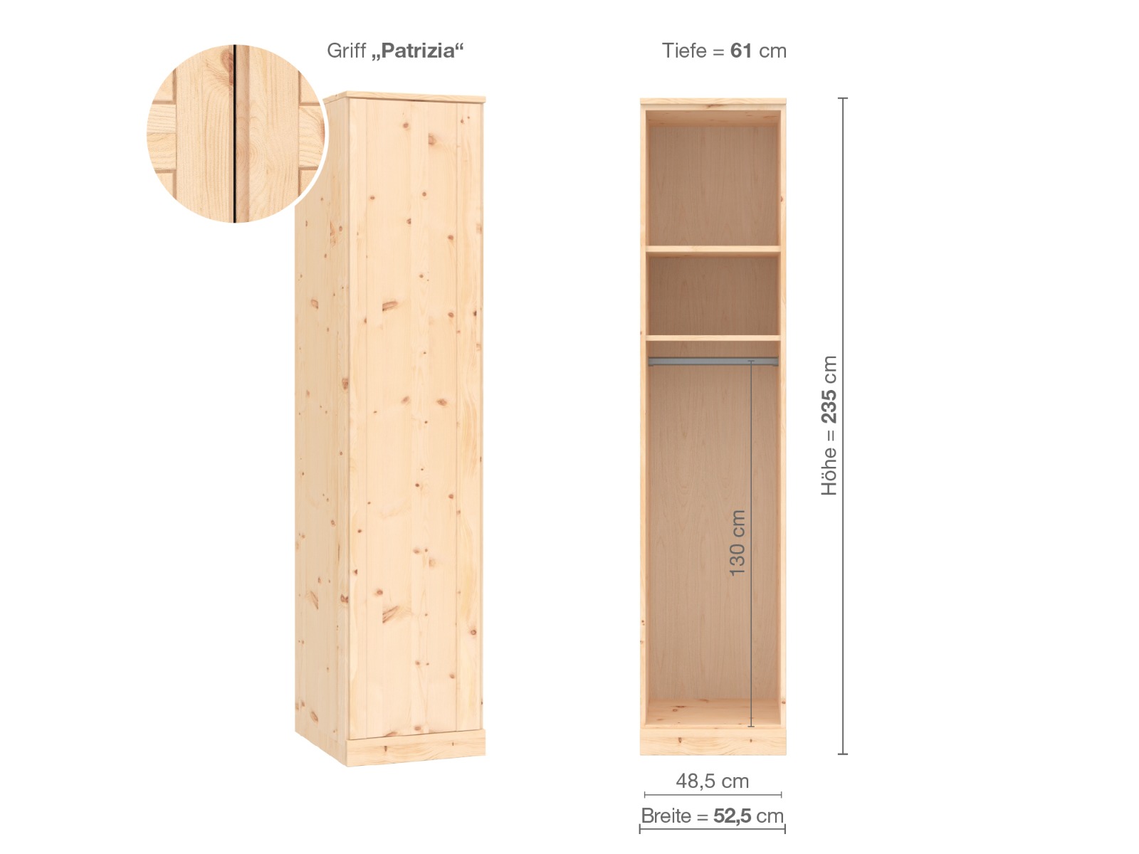 Zirbenschrank „Arnika“, 1-türig, Höhe 235 cm, Griffausführung „Patrizia“, Inneneinrichtung A, Türanschlag links