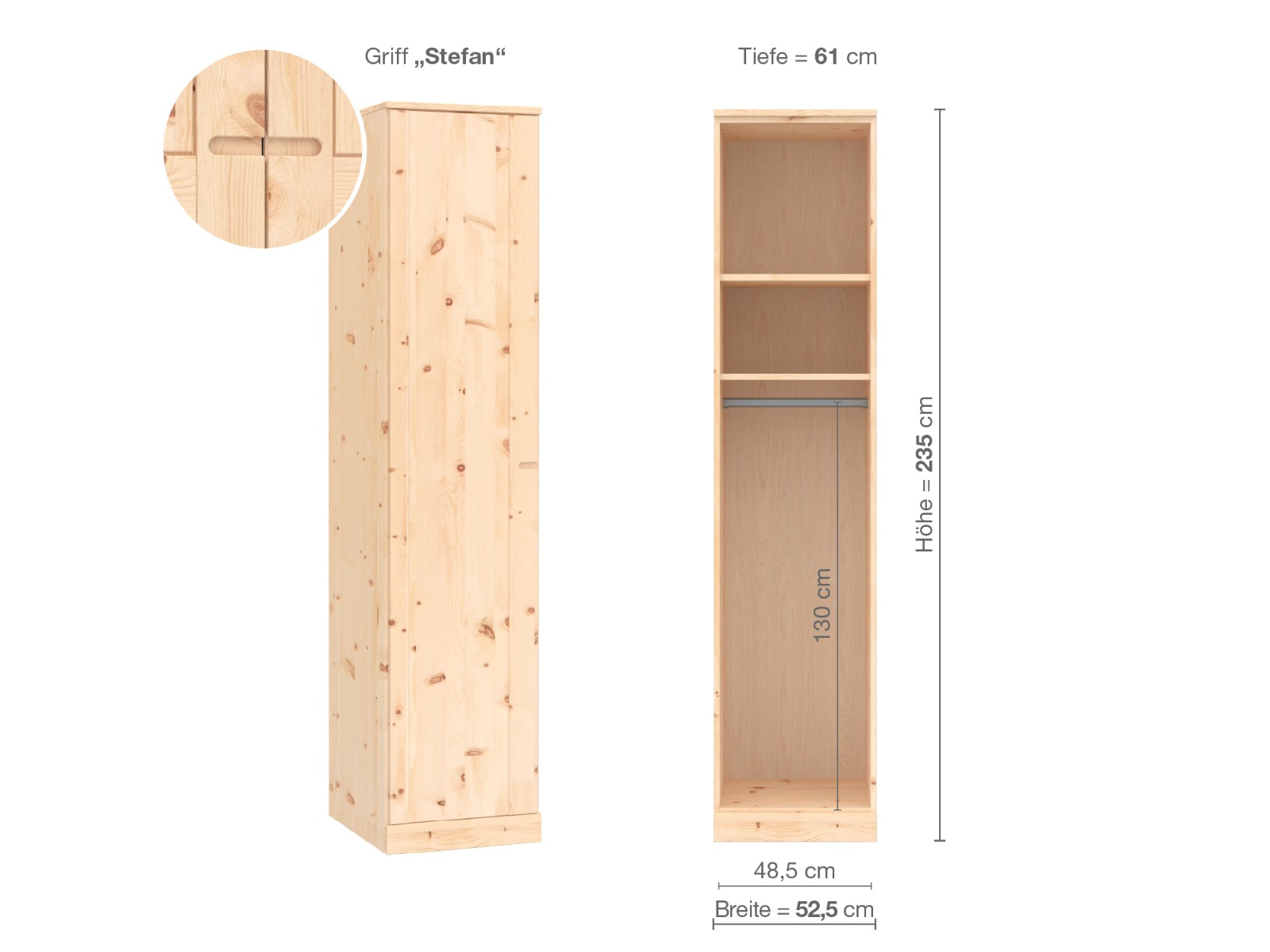 Zirbenschrank „Arnika“, 1-türig, Höhe 235 cm, Griffausführung „Stefan“, Inneneinrichtung A, Türanschlag links