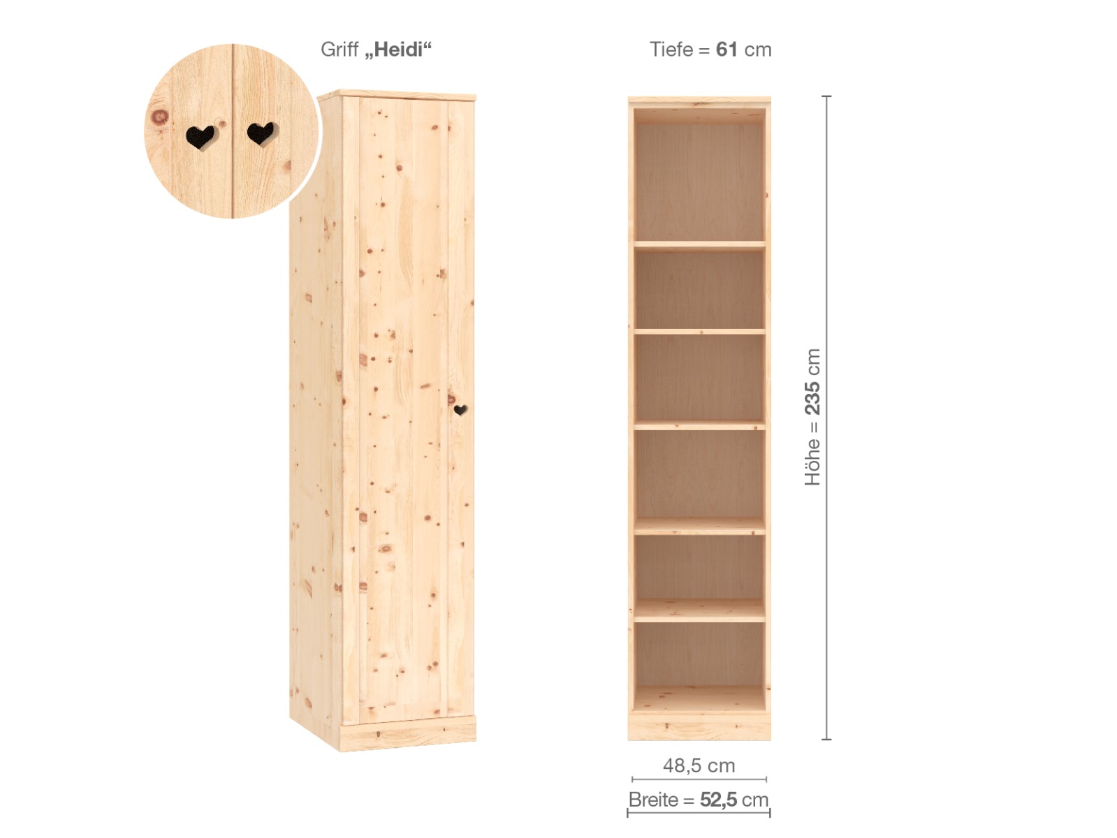 Zirbenschrank „Arnika“, 1-türig, Höhe 235 cm, Griffausführung „Heidi“, Inneneinrichtung B, Türanschlag links