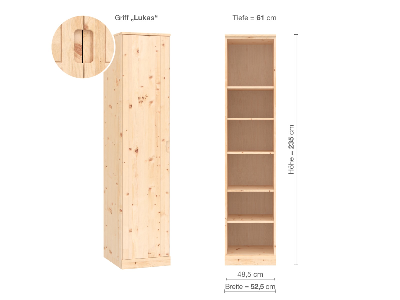 Zirbenschrank „Arnika“, 1-türig, Höhe 235 cm, Griffausführung „Lukas“, Inneneinrichtung B, Türanschlag links