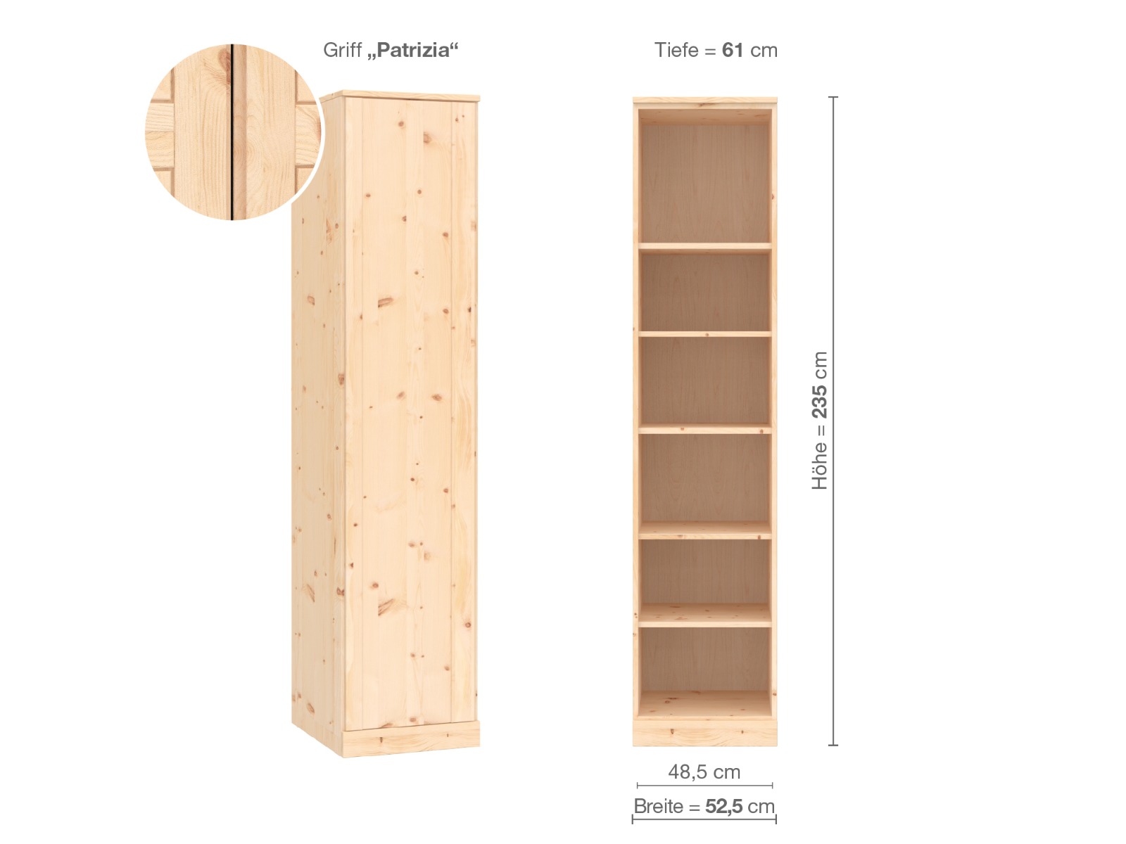 Zirbenschrank „Arnika“, 1-türig, Höhe 235 cm, Griffausführung „Patrizia“, Inneneinrichtung B, Türanschlag links