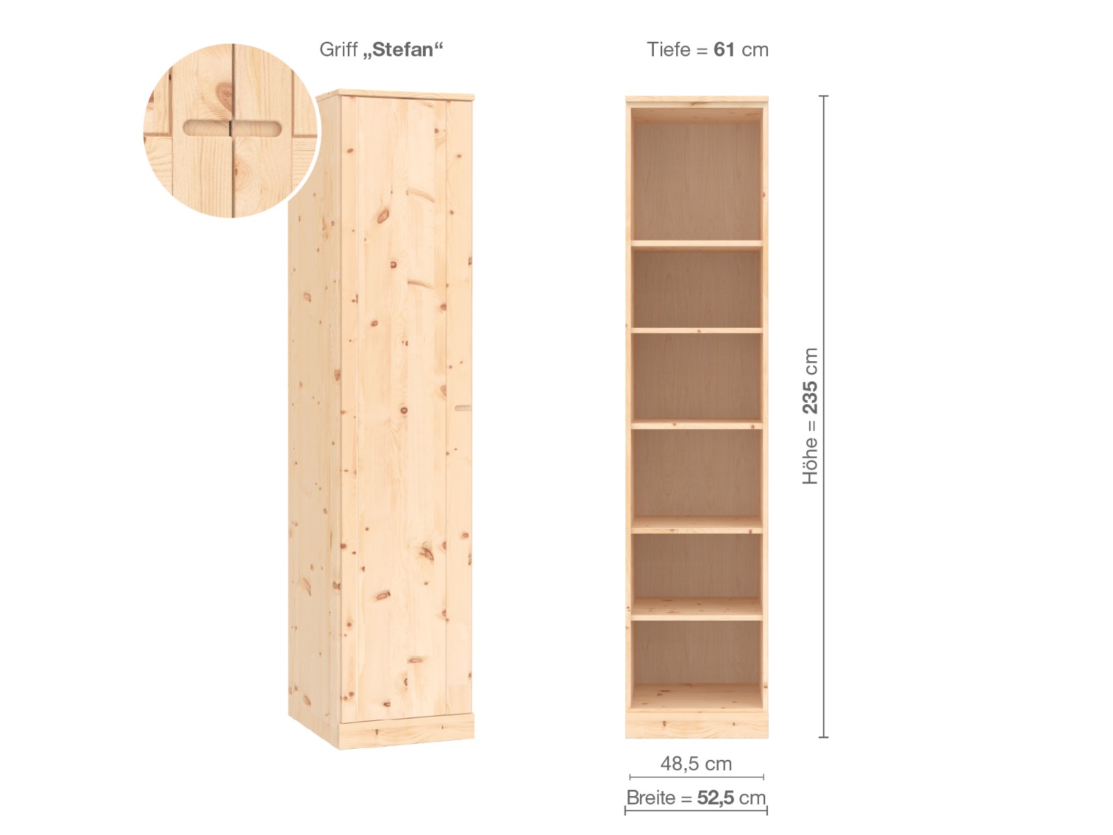 Zirbenschrank „Arnika“, 1-türig, Höhe 235 cm, Griffausführung „Stefan“, Inneneinrichtung B, Türanschlag links