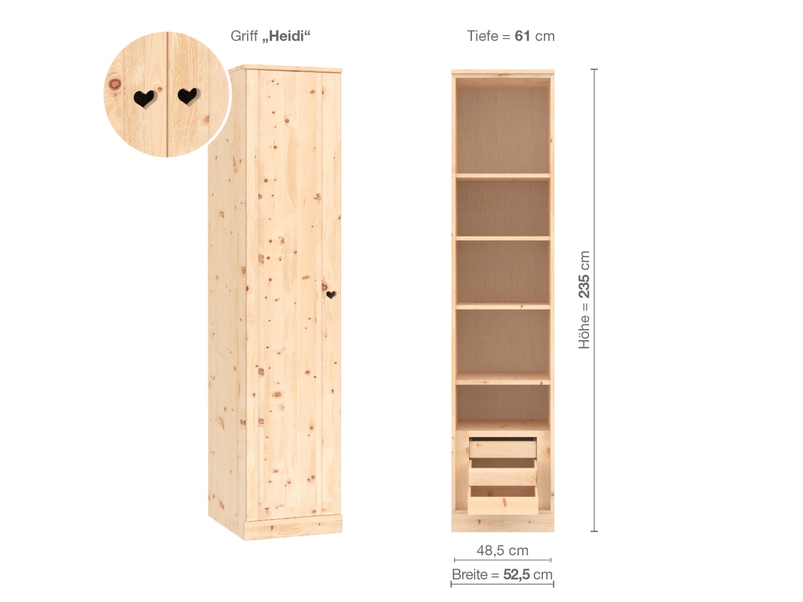 Zirbenschrank „Arnika“, 1-türig, Höhe 235 cm, Griffausführung „Heidi“, Inneneinrichtung C, Türanschlag links