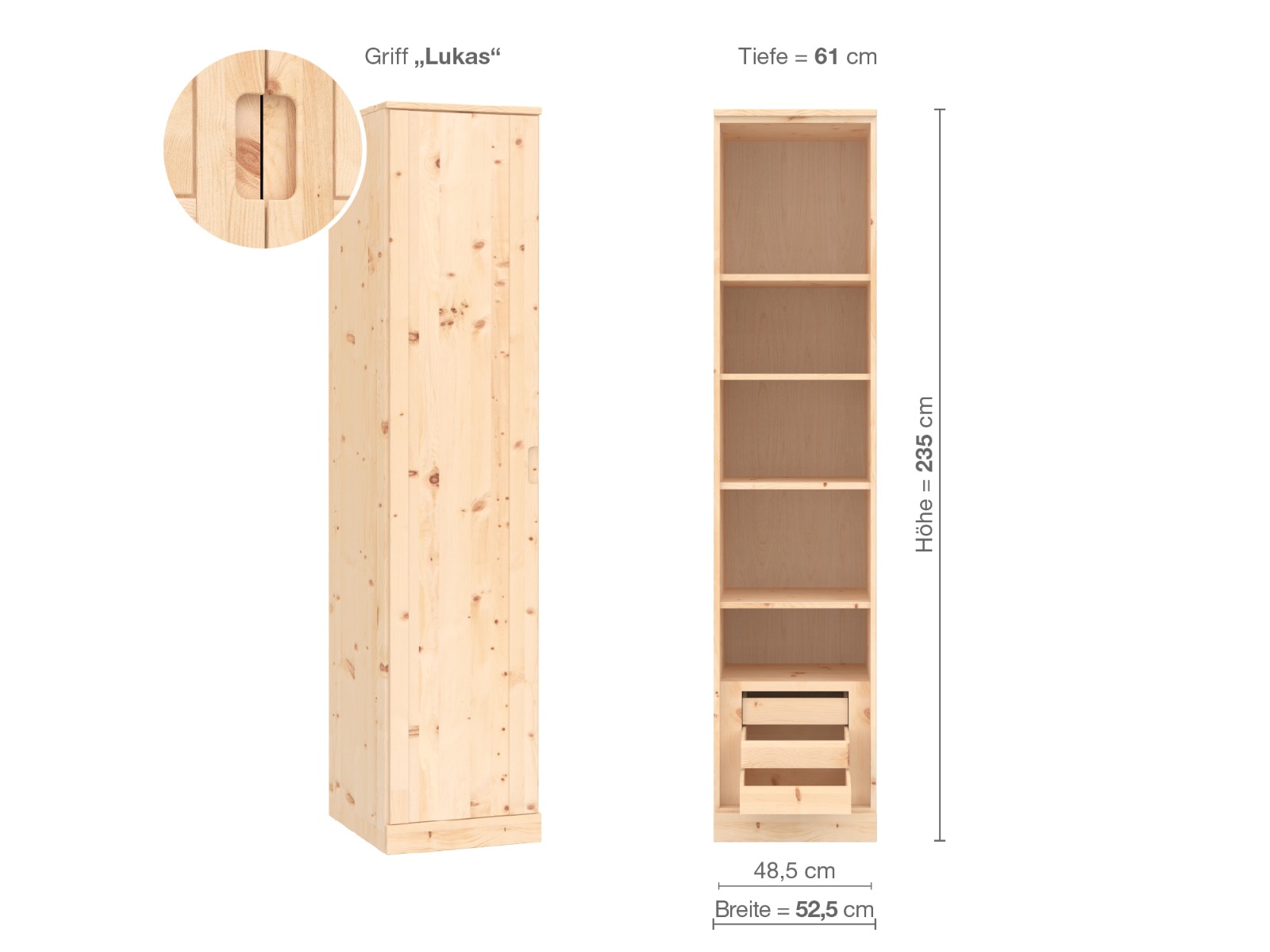 Zirbenschrank „Arnika“, 1-türig, Höhe 235 cm, Griffausführung „Lukas“, Inneneinrichtung C, Türanschlag links