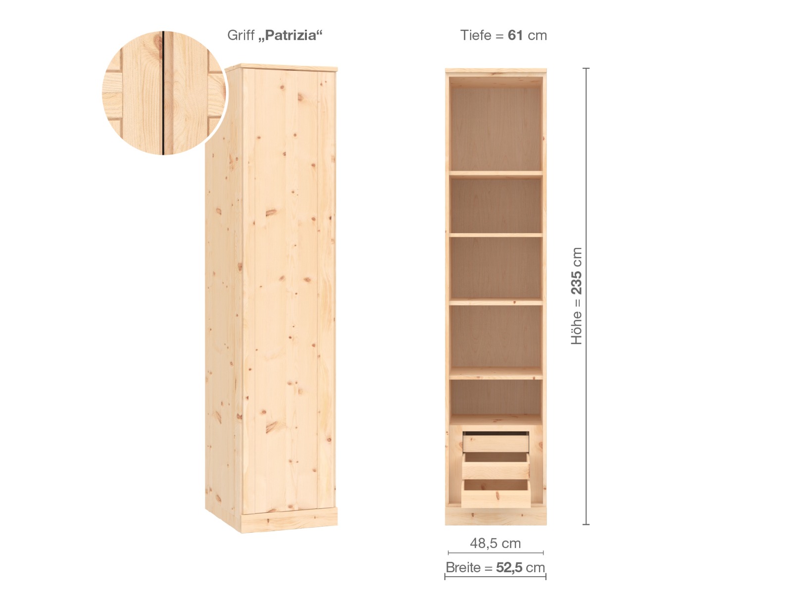 Zirbenschrank „Arnika“, 1-türig, Höhe 235 cm, Griffausführung „Patrizia“, Inneneinrichtung C, Türanschlag links