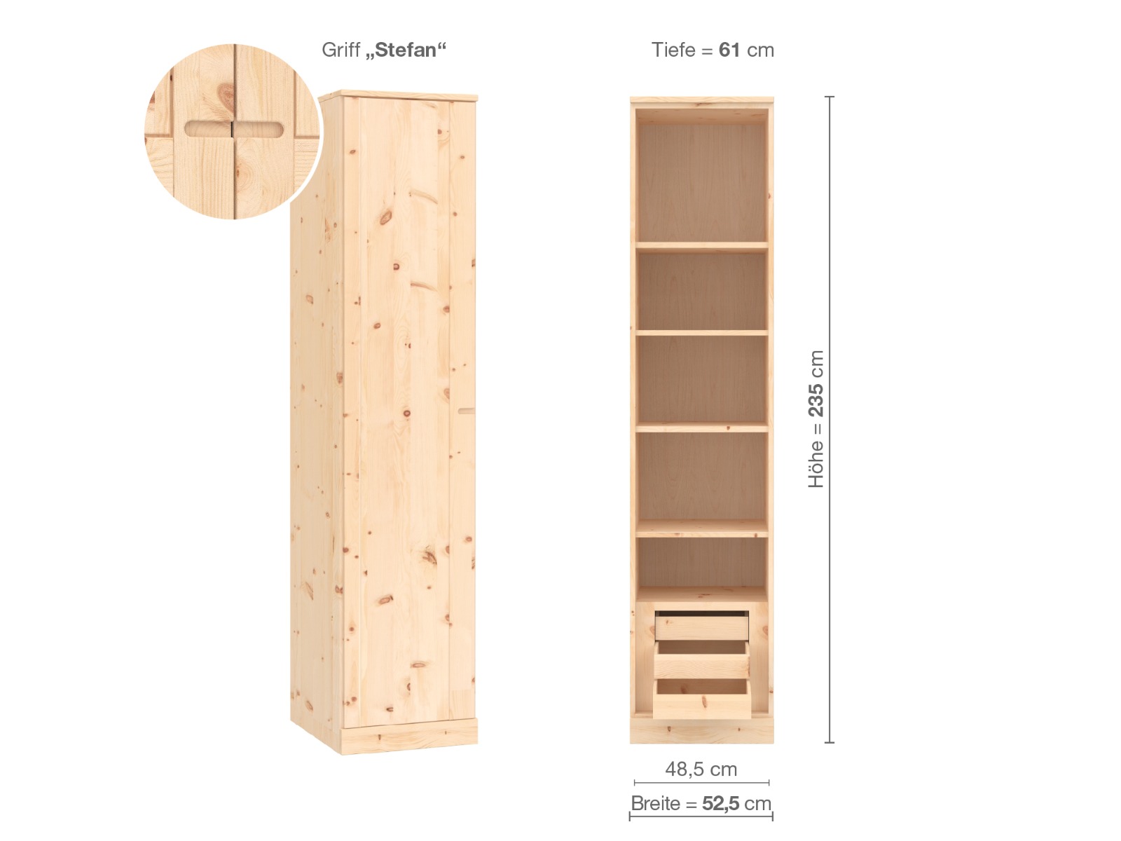 (Abb. in Zirbe) „Arnika“, 1-türig, Höhe 235 cm, Griffausführung „Stefan“, Inneneinrichtung C, Türanschlag links