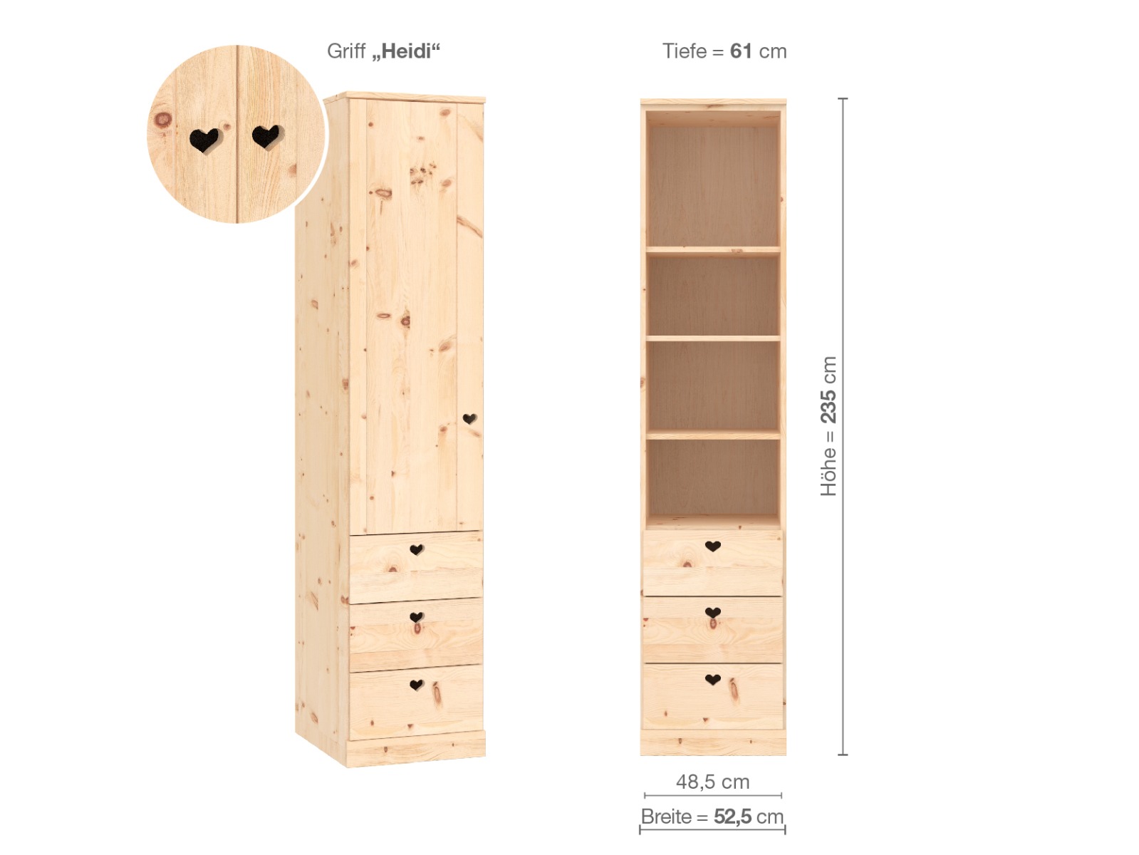 Zirbenschrank „Arnika“, 1-türig, Höhe 235 cm, Griffausführung „Heidi“, Inneneinrichtung D, Türanschlag links