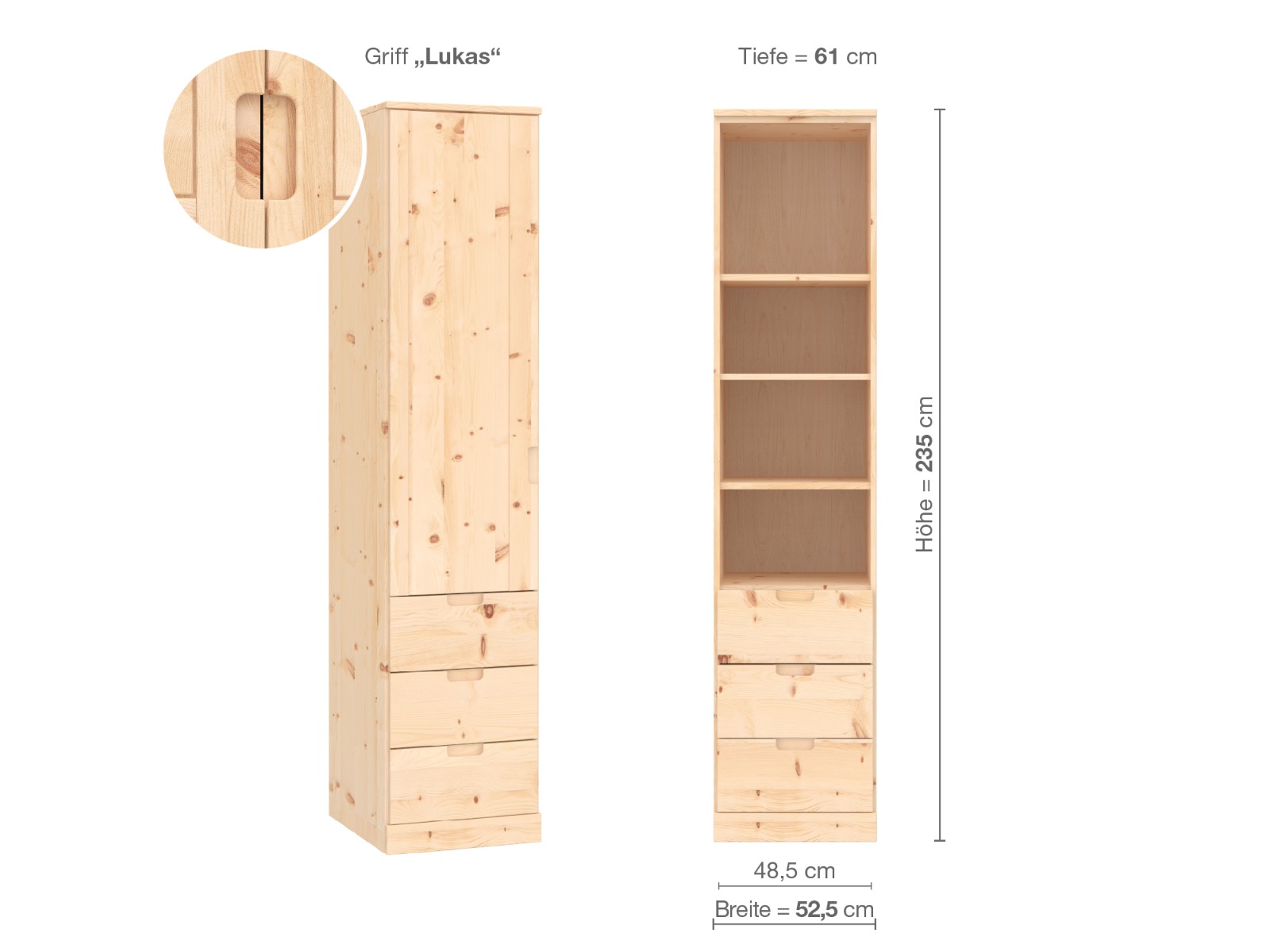 Zirbenschrank „Arnika“, 1-türig, Höhe 235 cm, Griffausführung „Lukas“, Inneneinrichtung D, Türanschlag links