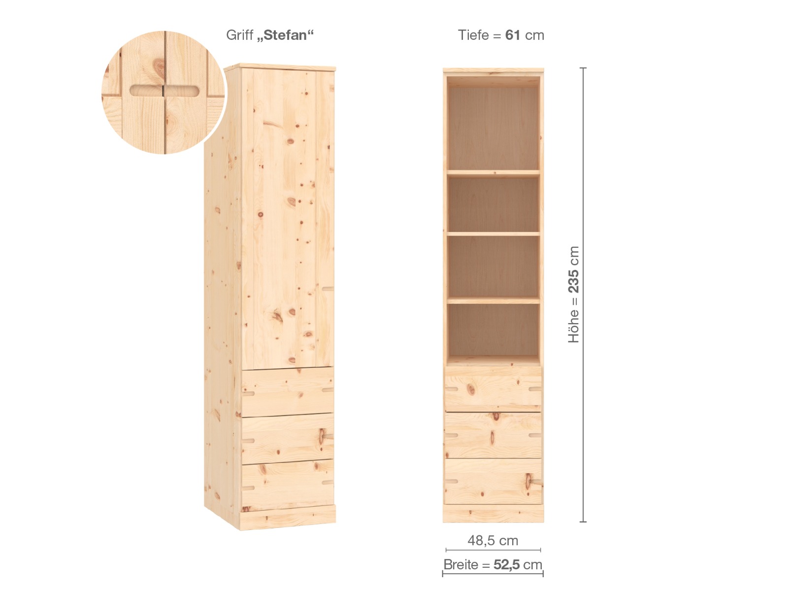 Zirbenschrank „Arnika“, 1-türig, Höhe 235 cm, Griffausführung „Stefan“, Inneneinrichtung D, Türanschlag links