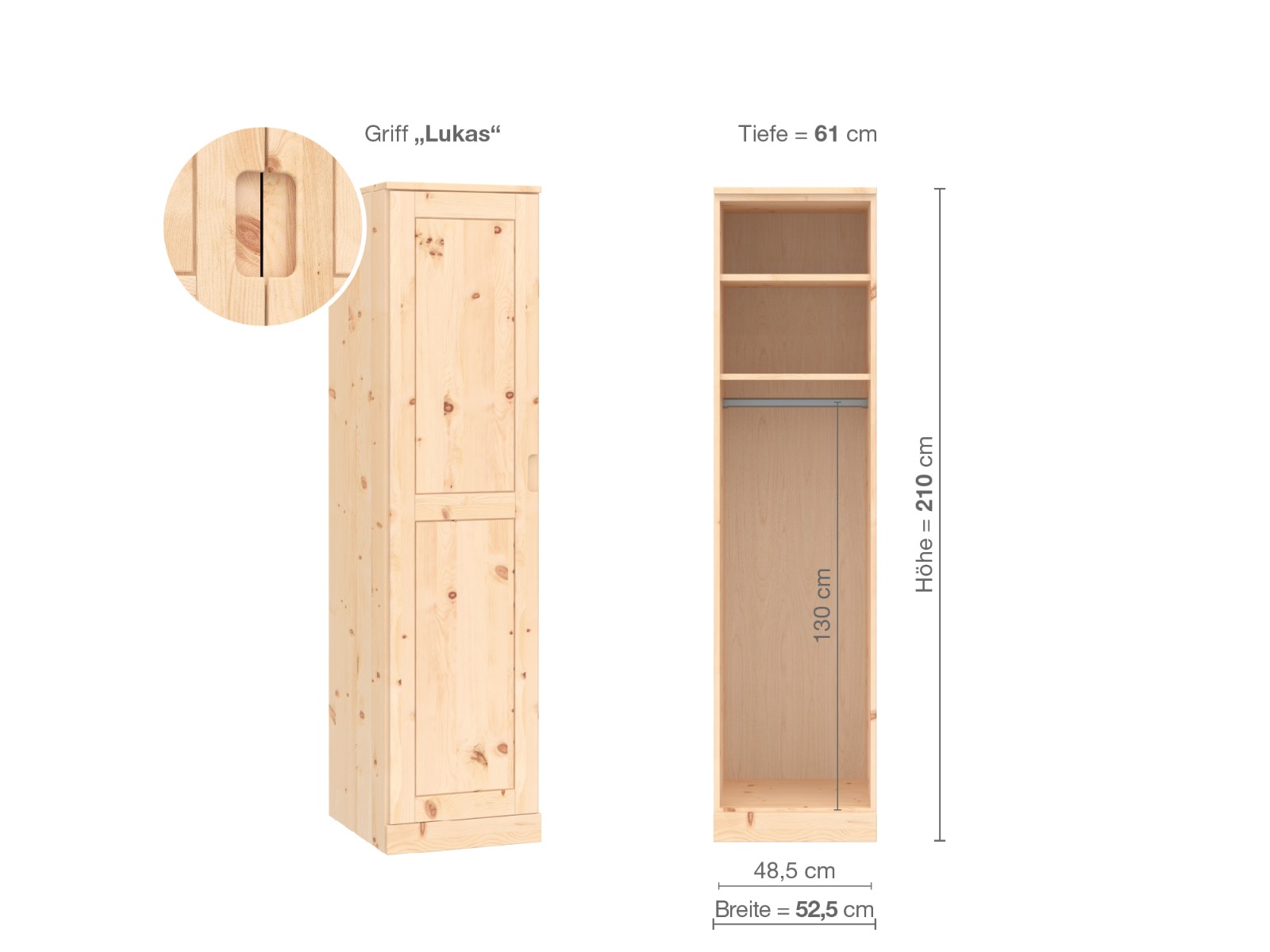 Zirbenschrank „Edelweiß“, 1-türig, Höhe 210 cm, Griffausführung „Lukas“, Inneneinrichtung A, Türanschlag links