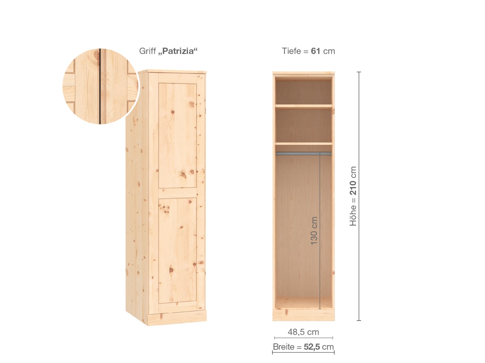 Zirbenschrank „Edelweiß“, 1-türig, Höhe 210 cm, Griffausführung „Patrizia“, Inneneinrichtung A, Türanschlag links